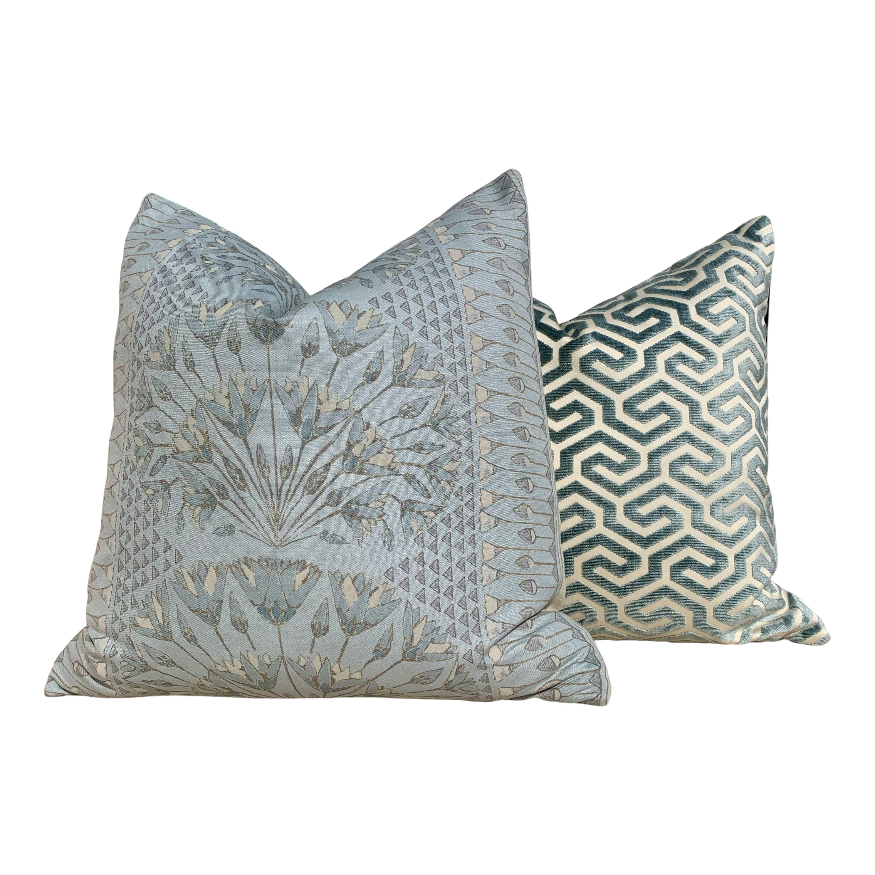 Schumacher Ming Fret Velvet Pillow in Mineral. Velvet Lumbar Pillow // Lumbar Velvet Pillow // Chinoiserie Pillow //Maze Velvet Pillow