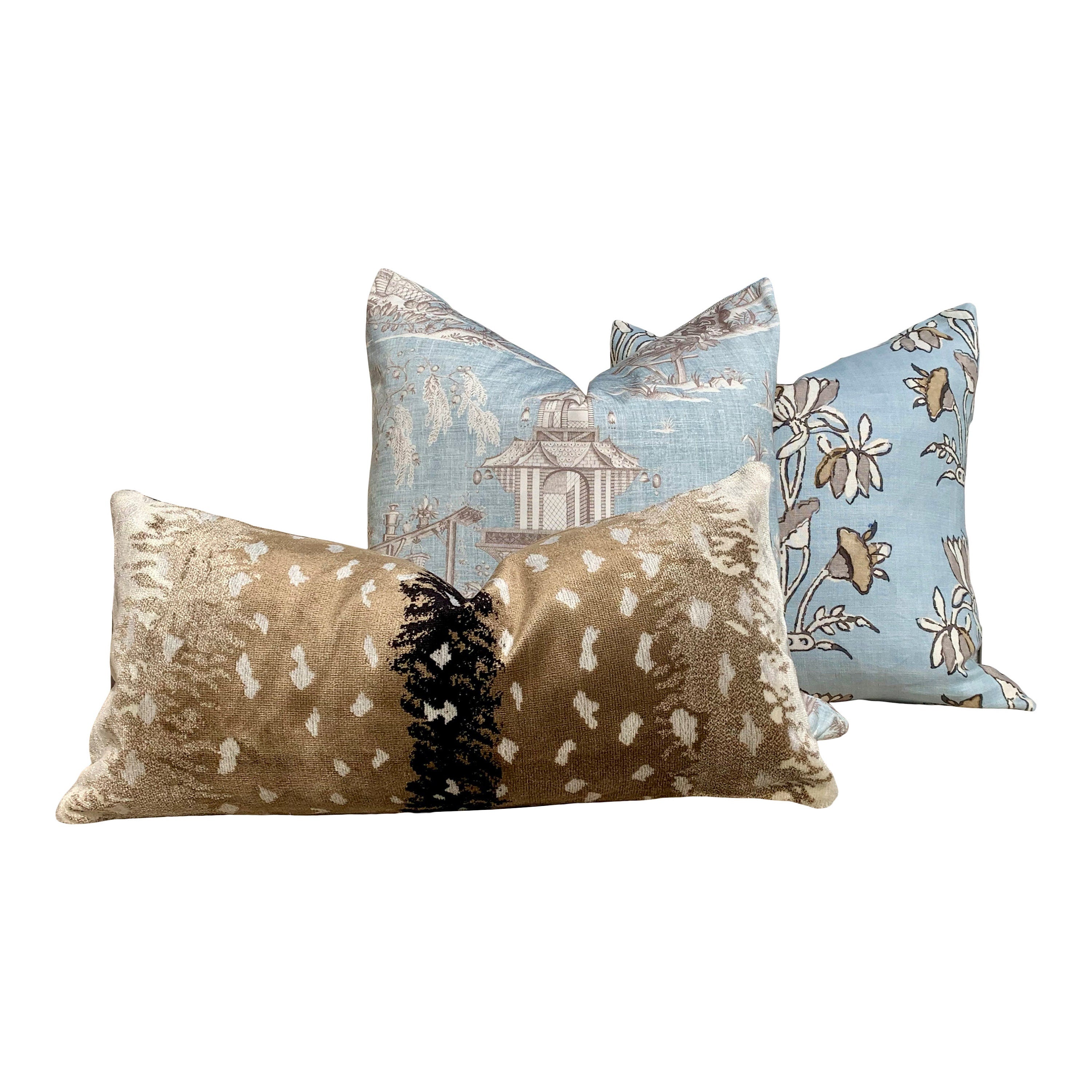 Lily Flower Pillow Blue, Tan. Lumbar Pillow Cover in Sky Blue, Designer Floral Pillow, Euro Sham, Accent Bedding Decor, Botanical Decor