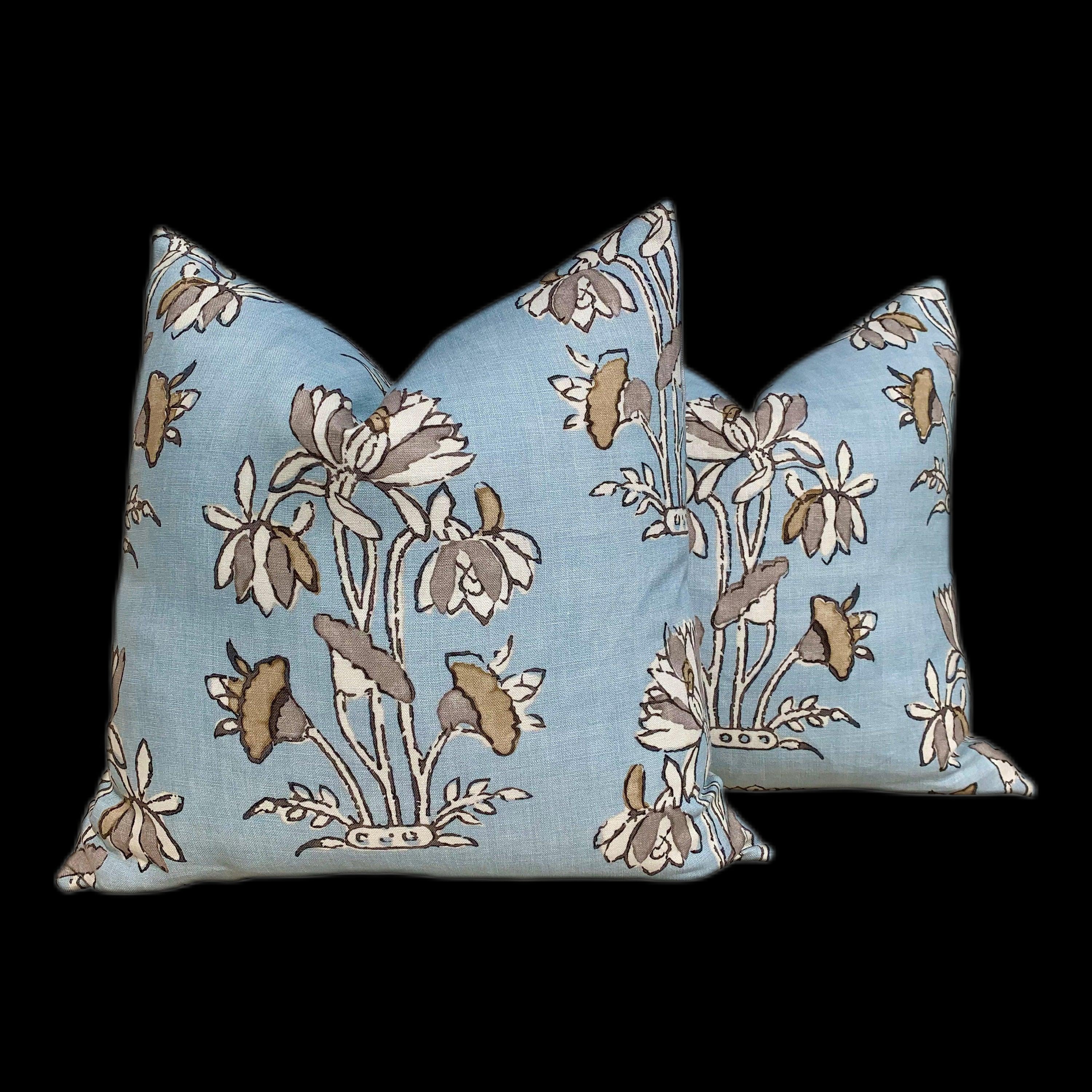 Lily Flower Pillow Blue, Tan. Lumbar Pillow Cover in Sky Blue, Designer Floral Pillow, Euro Sham, Accent Bedding Decor, Botanical Decor