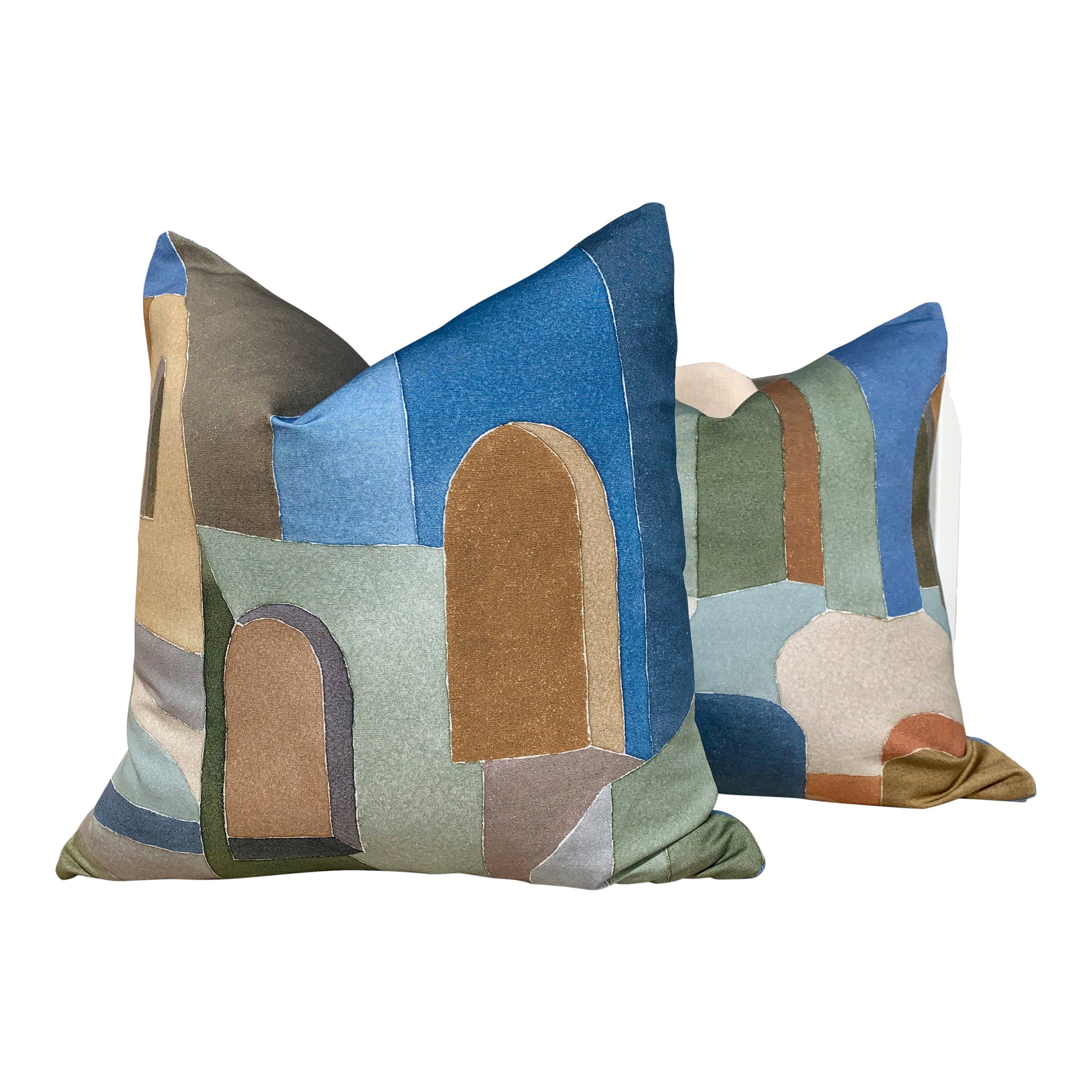 Designer Sahara Pillow in Earth. Multicolored Lumbar Pillow // Olive Green, Blue Pillow Cover // Euro Sham Pillow // Geometric Accent Pillow