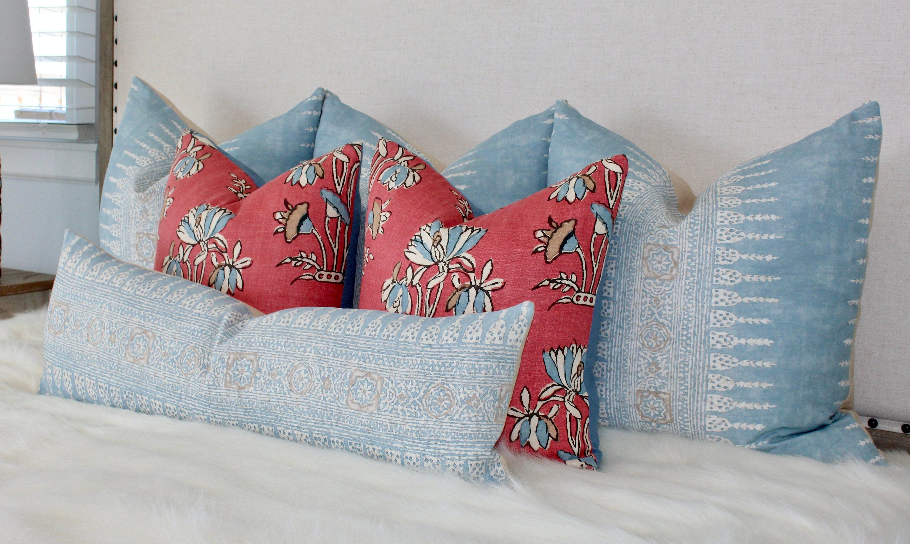 Lily Flower Pillow in Coral. Lumbar Floral Pillow Cover, Designer Coral Throw Pillow, Accent Pillow in Red Blue,  Euro Sham Cushion Cover