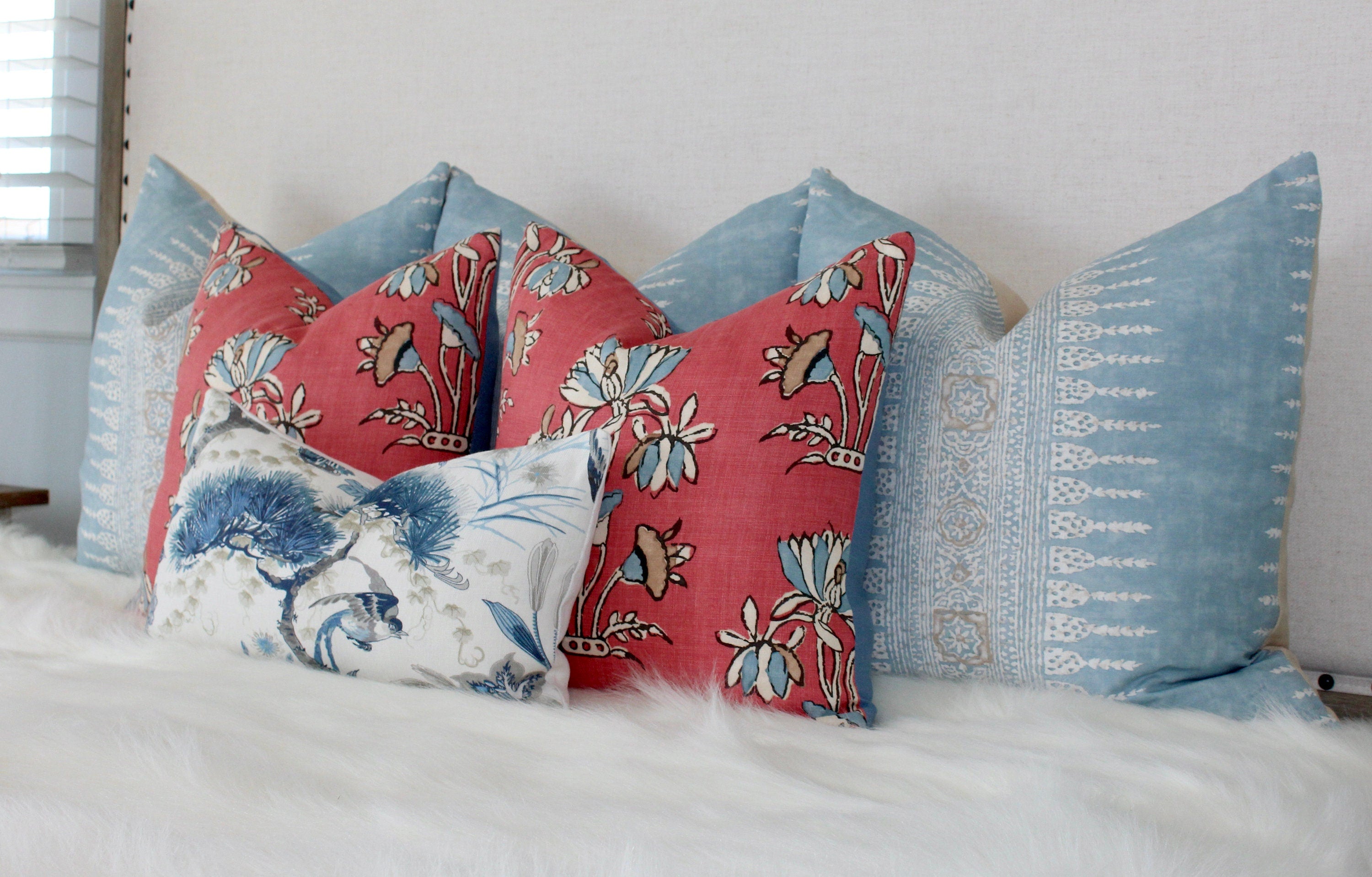 Lily Flower Pillow in Coral. Lumbar Floral Pillow Cover, Designer Coral Throw Pillow, Accent Pillow in Red Blue,  Euro Sham Cushion Cover