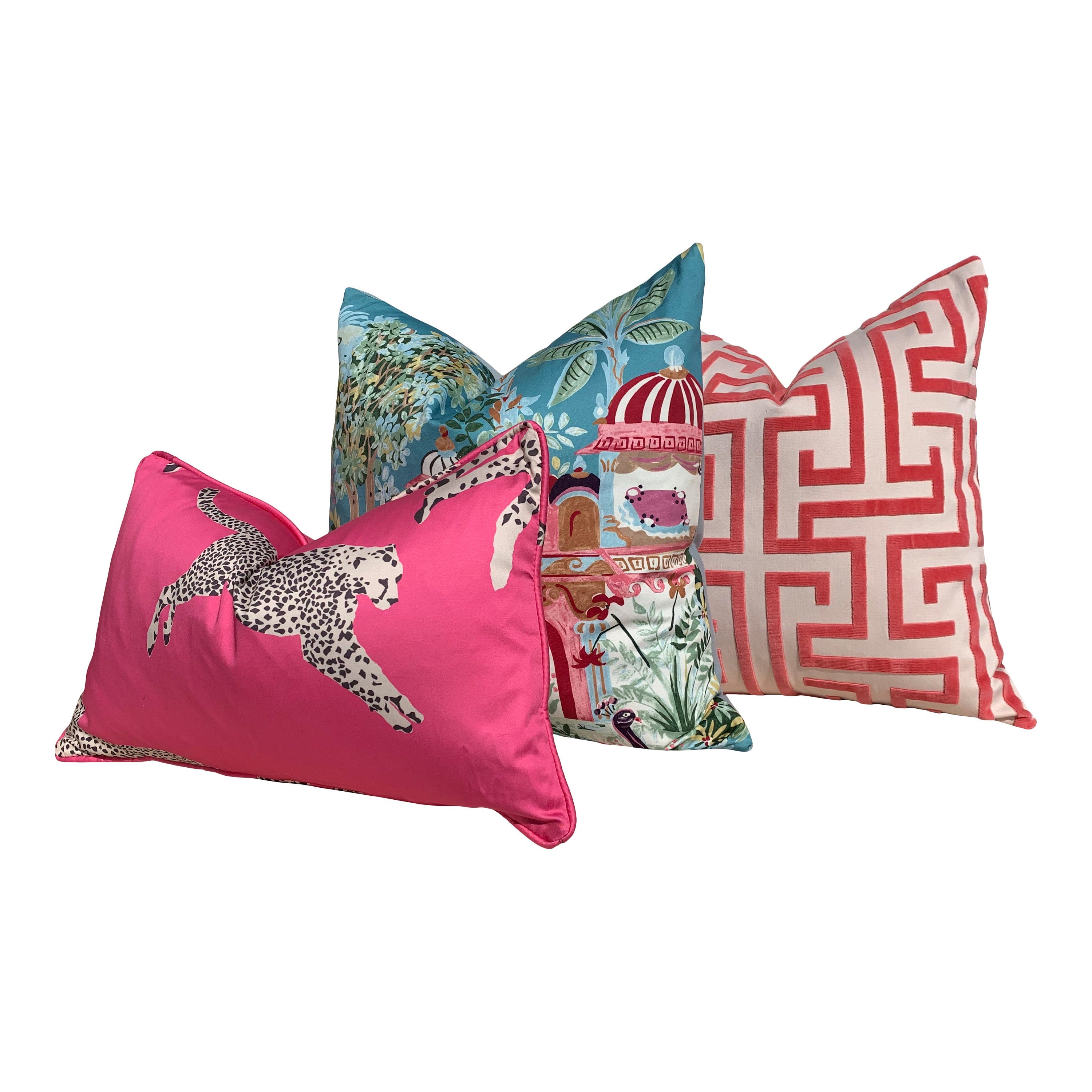 Ming Trail Pillow in Red. Accent Lumbar Pillow, Chinoiserie Pillow, Trellis Pink Cushion Cover, Euro Sham Pillow,Greek Key Maze