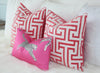 Load image into Gallery viewer, Ming Trail Pillow in Red. Accent Lumbar Pillow, Chinoiserie Pillow, Trellis Pink Cushion Cover, Euro Sham Pillow,Greek Key Maze