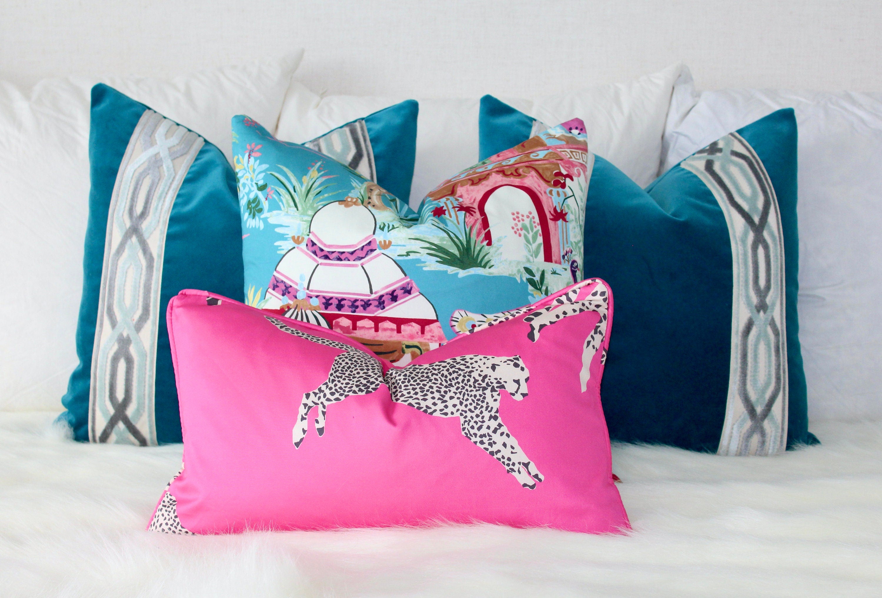 Leaping Cheetah Pink Pillow. Scalamandre Pillow, Bubblegum Pink Pillow, Animal Print Cushion, Designer Pillow, Euro Sham, Long Lumbar Pillow