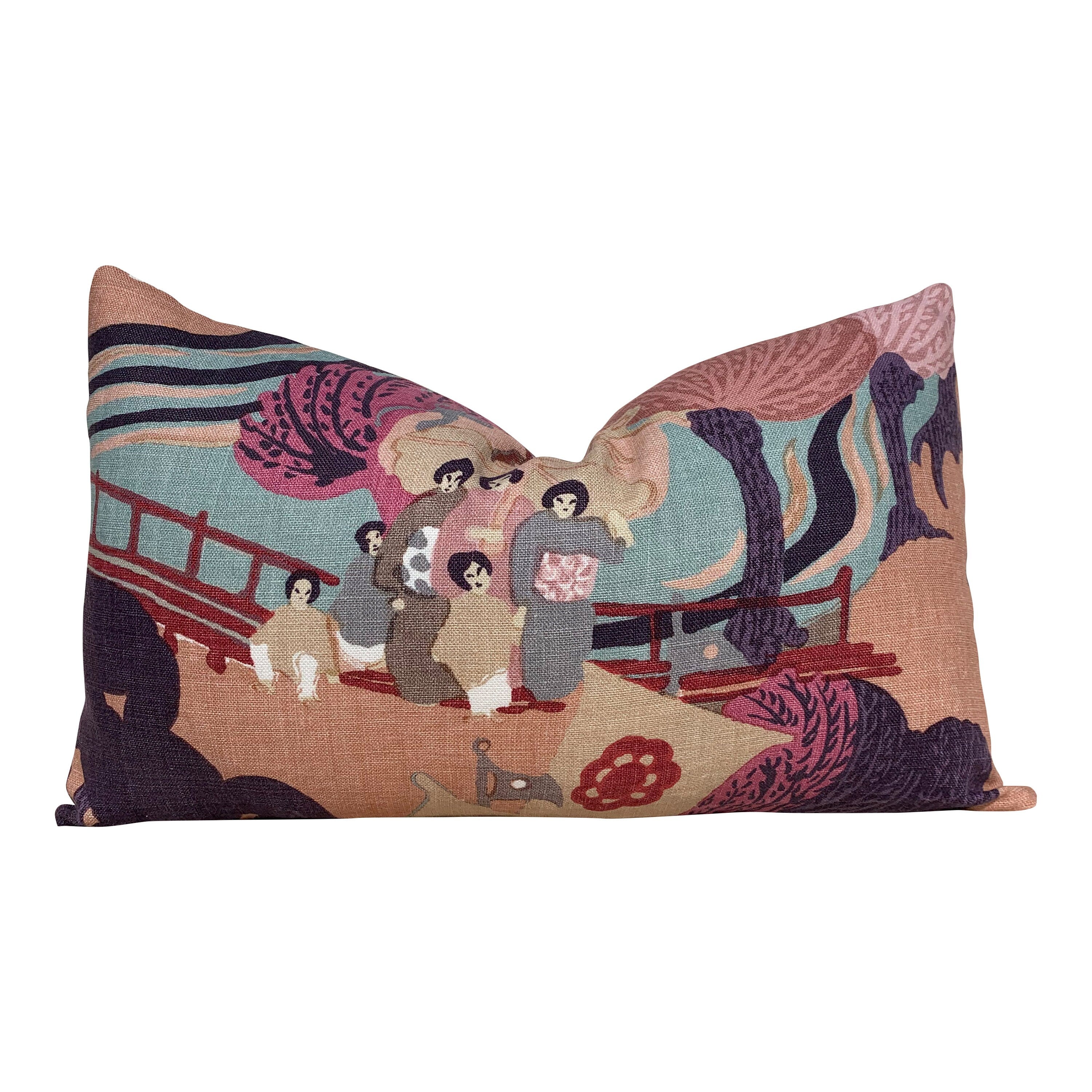 Schumacher Pearl River Linen Pillow in Blush. Designer Purple Aqua Pillow // Lumbar Linen Pillow // Chinoiserie Pillow Cover //