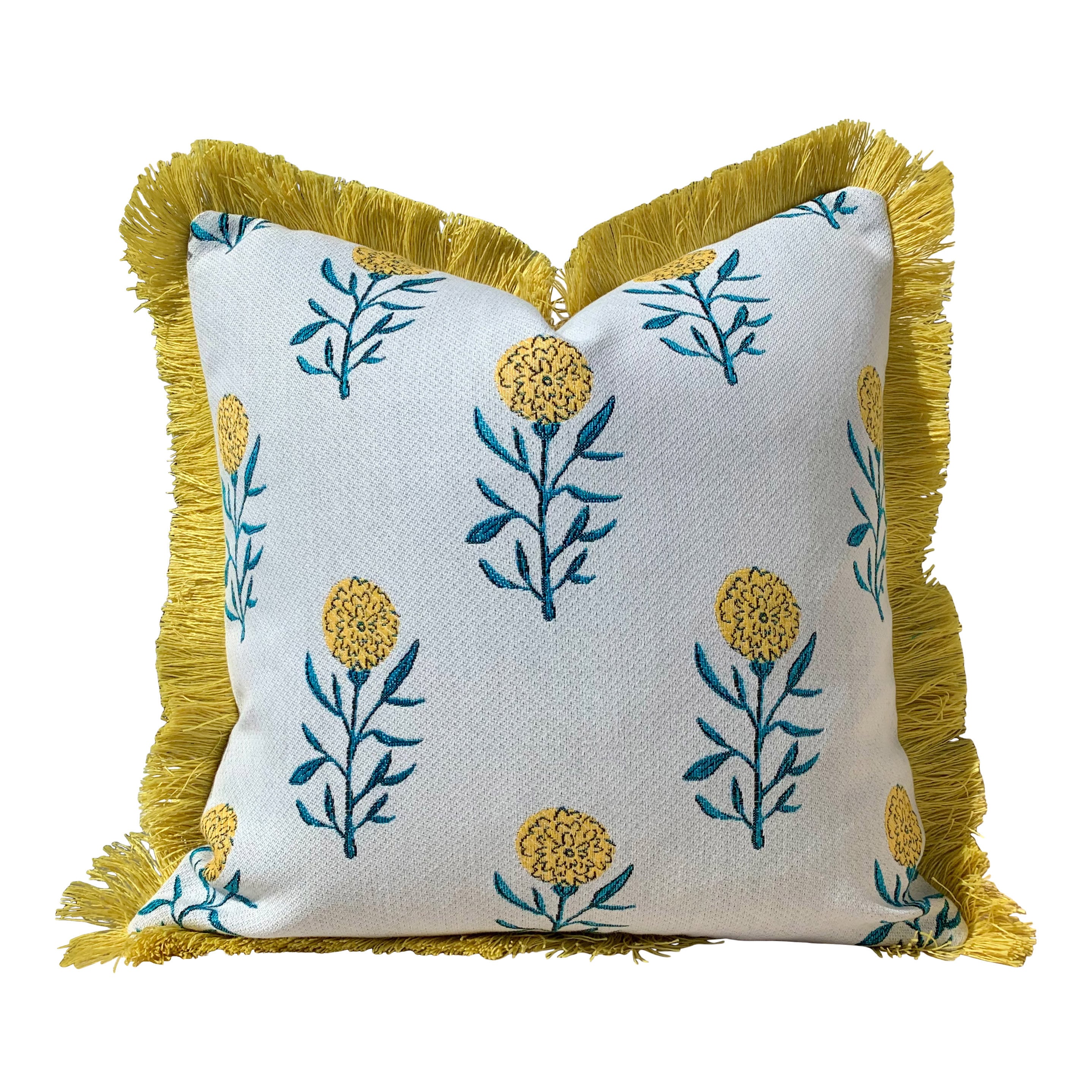 Outdoor Floral Pillow in Yellow and Teal. Accent Lumbar pillow, Sunbrella Pillow with Brush Fringe, Euro Sham Decorative Pillow Cover