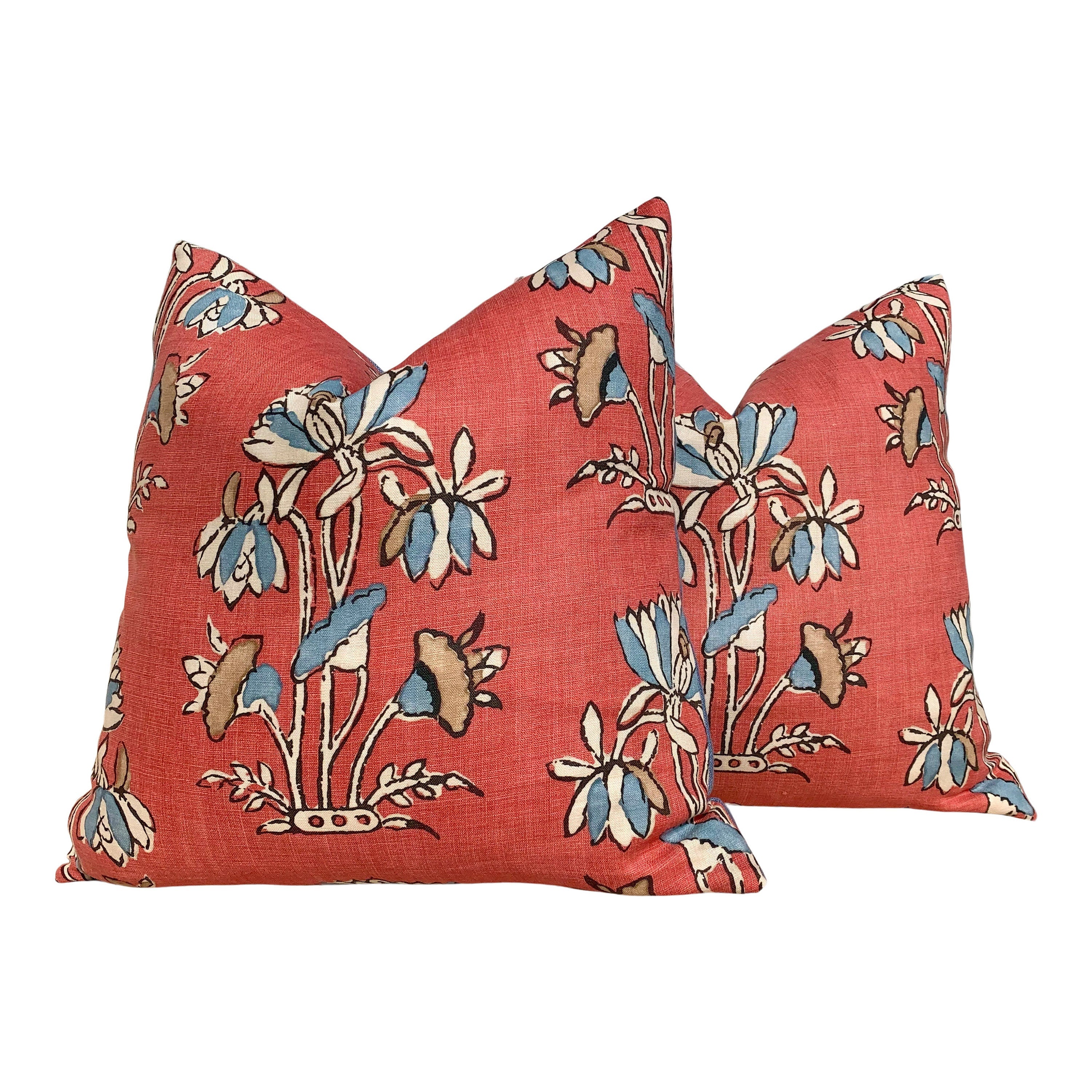 Lily Flower Pillow in Coral. Lumbar Floral Pillow Cover, Designer Coral Throw Pillow, Accent Pillow in Red Blue,  Euro Sham Cushion Cover