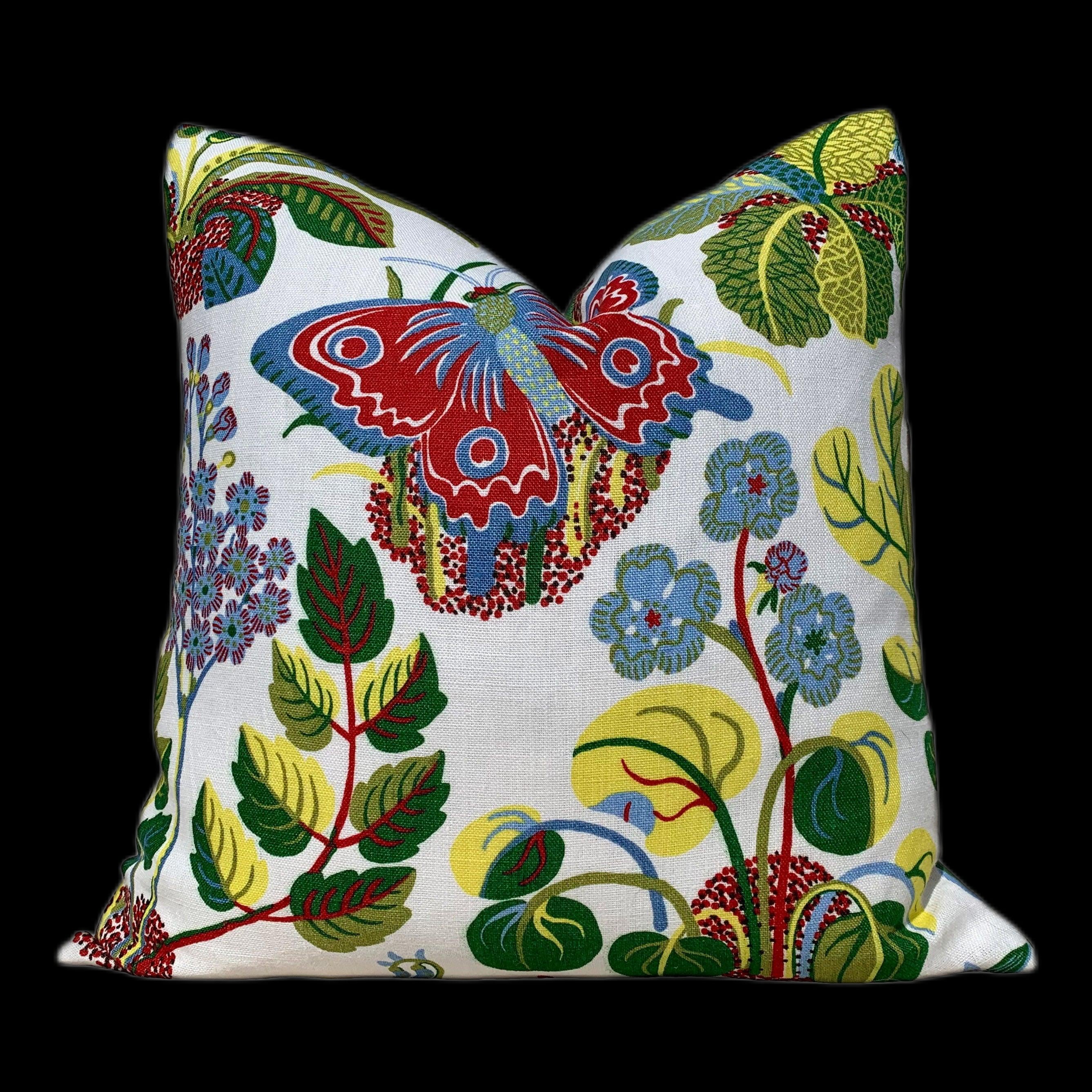 Linen Exotic Butterfly Pillow Green, Red, Yellow, Blue. Multicolor LInen Pillow, Floral Green Pillow, Euro Sham Pillow Cover, Long Lumbar