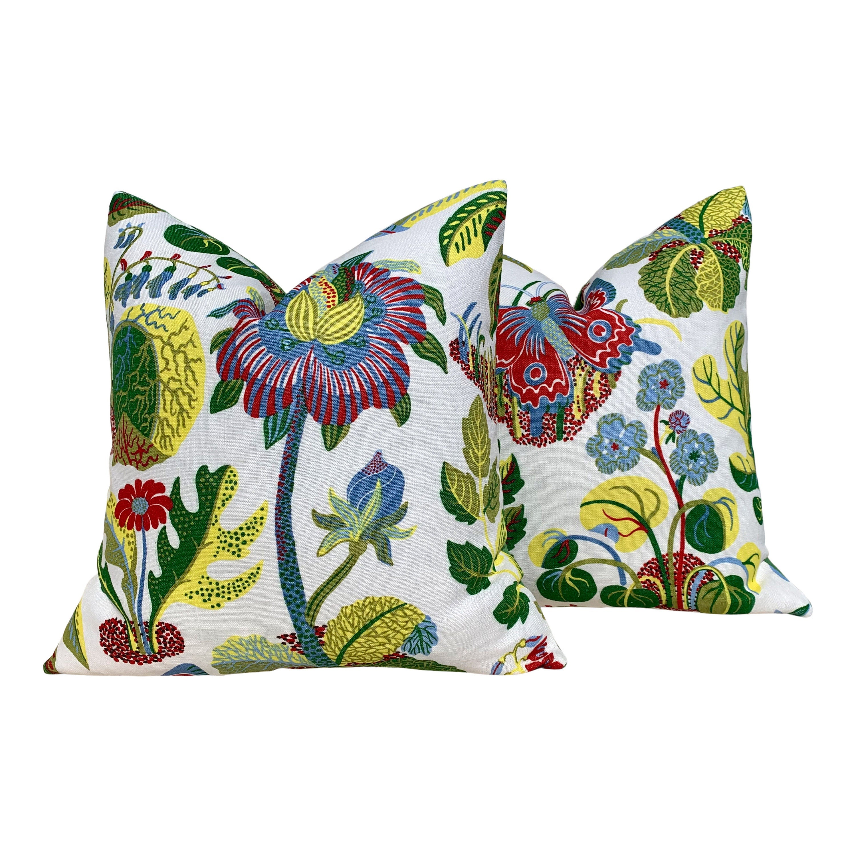 Linen Exotic Butterfly Pillow Green, Red, Yellow, Blue. Multicolor LInen Pillow, Floral Green Pillow, Euro Sham Pillow Cover, Long Lumbar