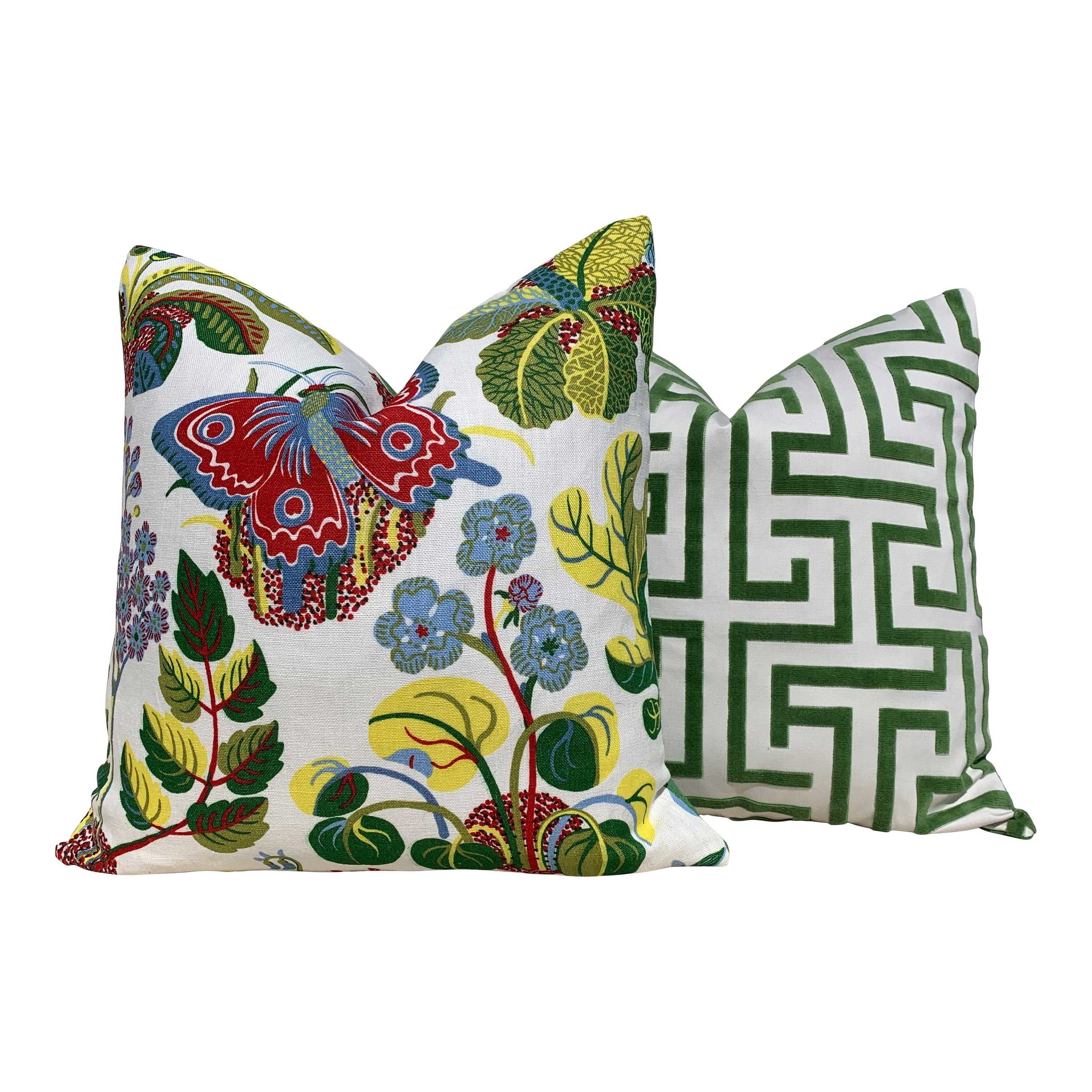 Linen Exotic Butterfly Pillow Green, Red, Yellow, Blue. Multicolor LInen Pillow, Floral Green Pillow, Euro Sham Pillow Cover, Long Lumbar