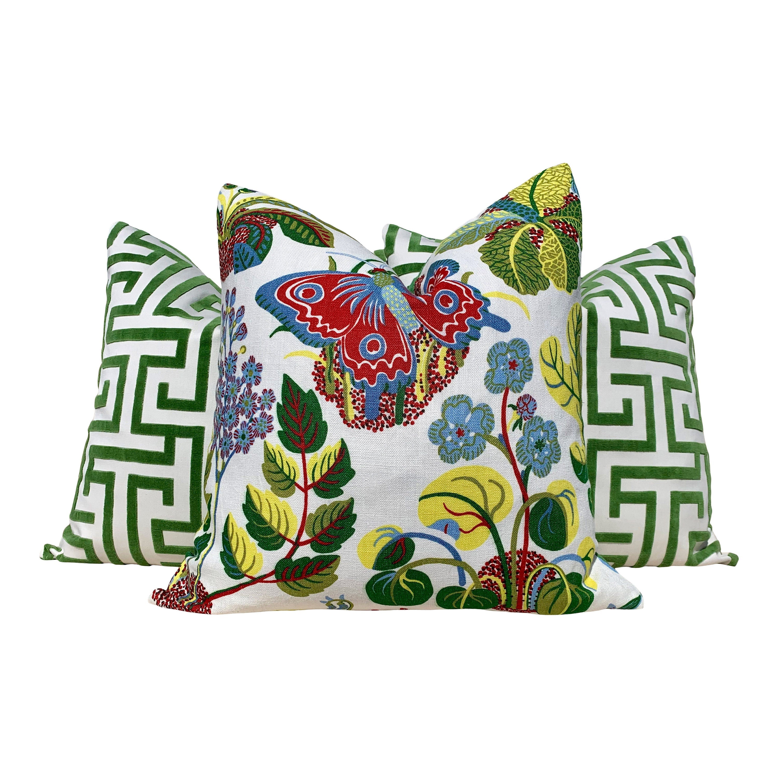 Linen Exotic Butterfly Pillow Green, Red, Yellow, Blue. Multicolor LInen Pillow, Floral Green Pillow, Euro Sham Pillow Cover, Long Lumbar