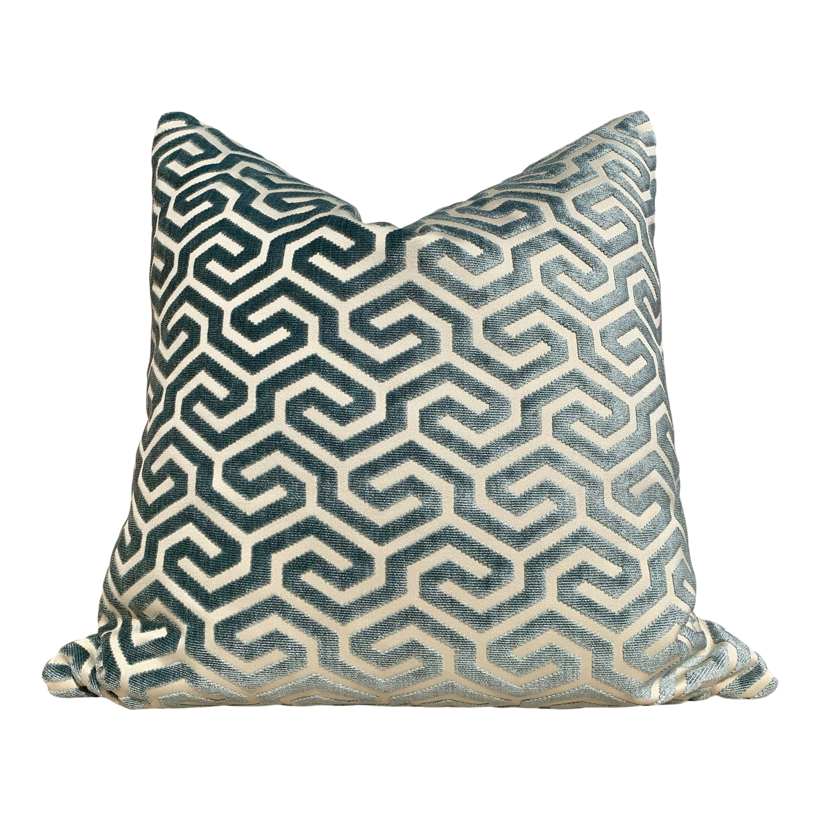 Schumacher Ming Fret Velvet Pillow in Mineral. Velvet Lumbar Pillow // Lumbar Velvet Pillow // Chinoiserie Pillow //Maze Velvet Pillow