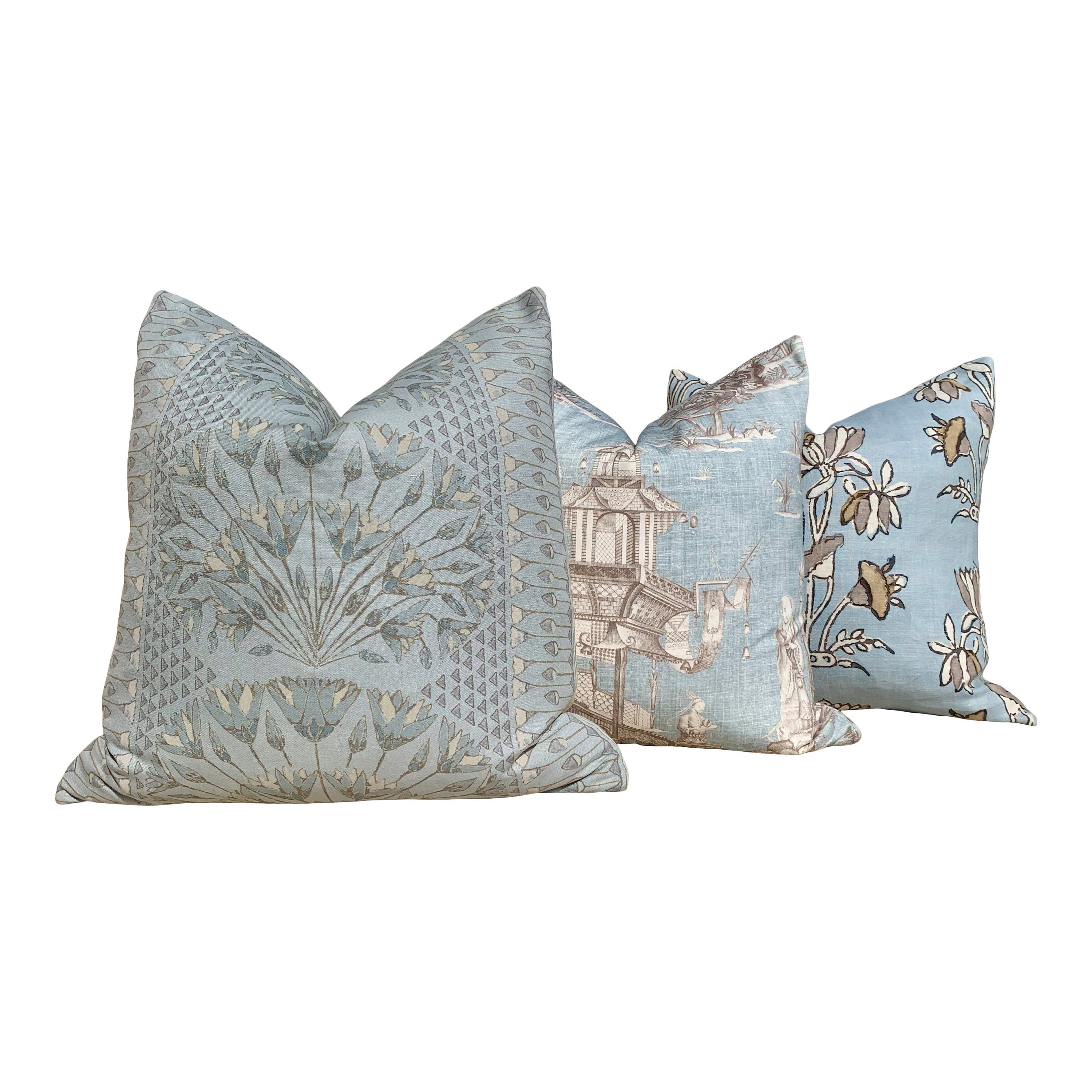 Lily Flower Pillow Blue, Tan. Lumbar Pillow Cover in Sky Blue, Designer Floral Pillow, Euro Sham, Accent Bedding Decor, Botanical Decor
