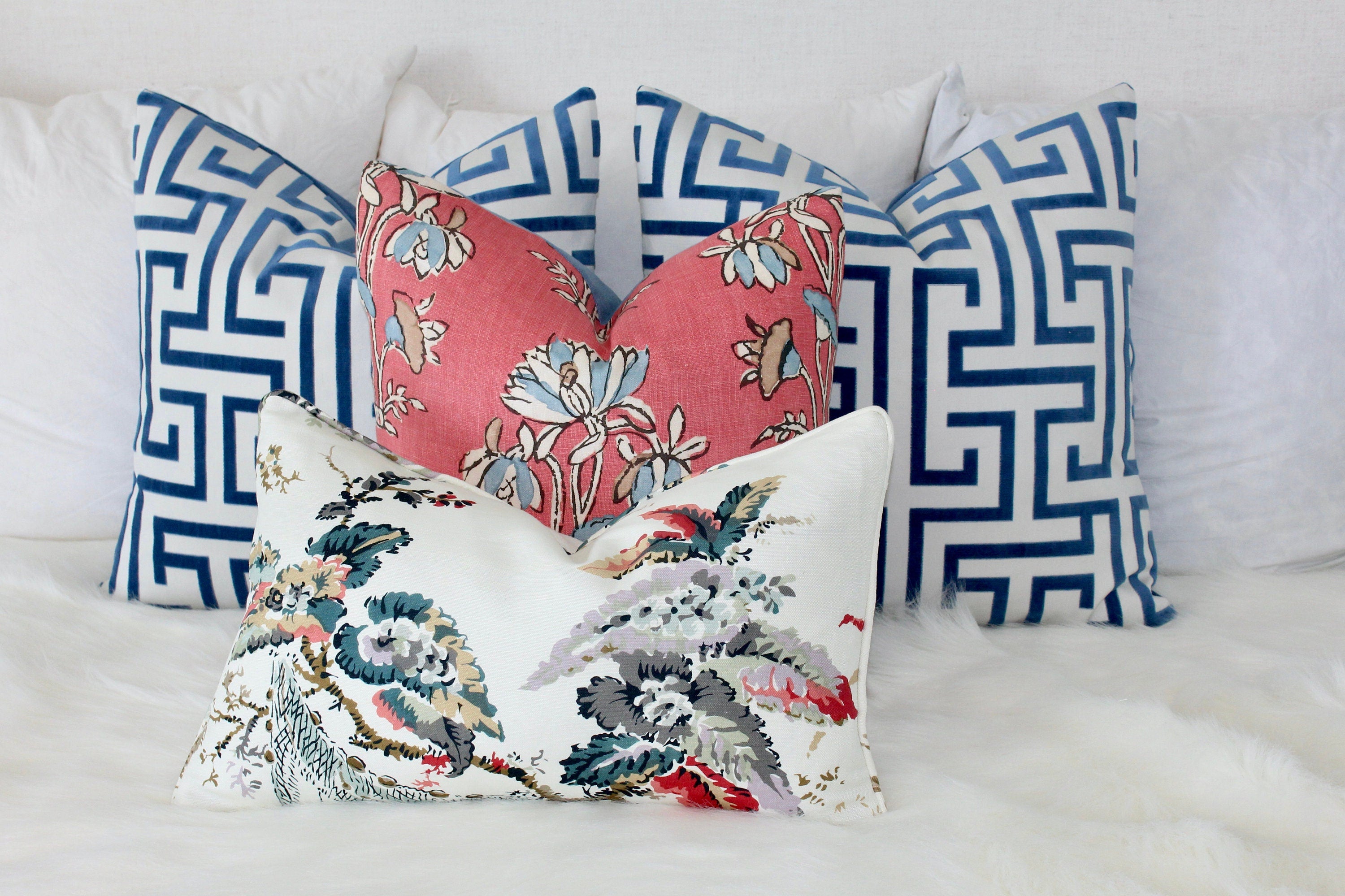 Lily Flower Pillow in Coral. Lumbar Floral Pillow Cover, Designer Coral Throw Pillow, Accent Pillow in Red Blue,  Euro Sham Cushion Cover