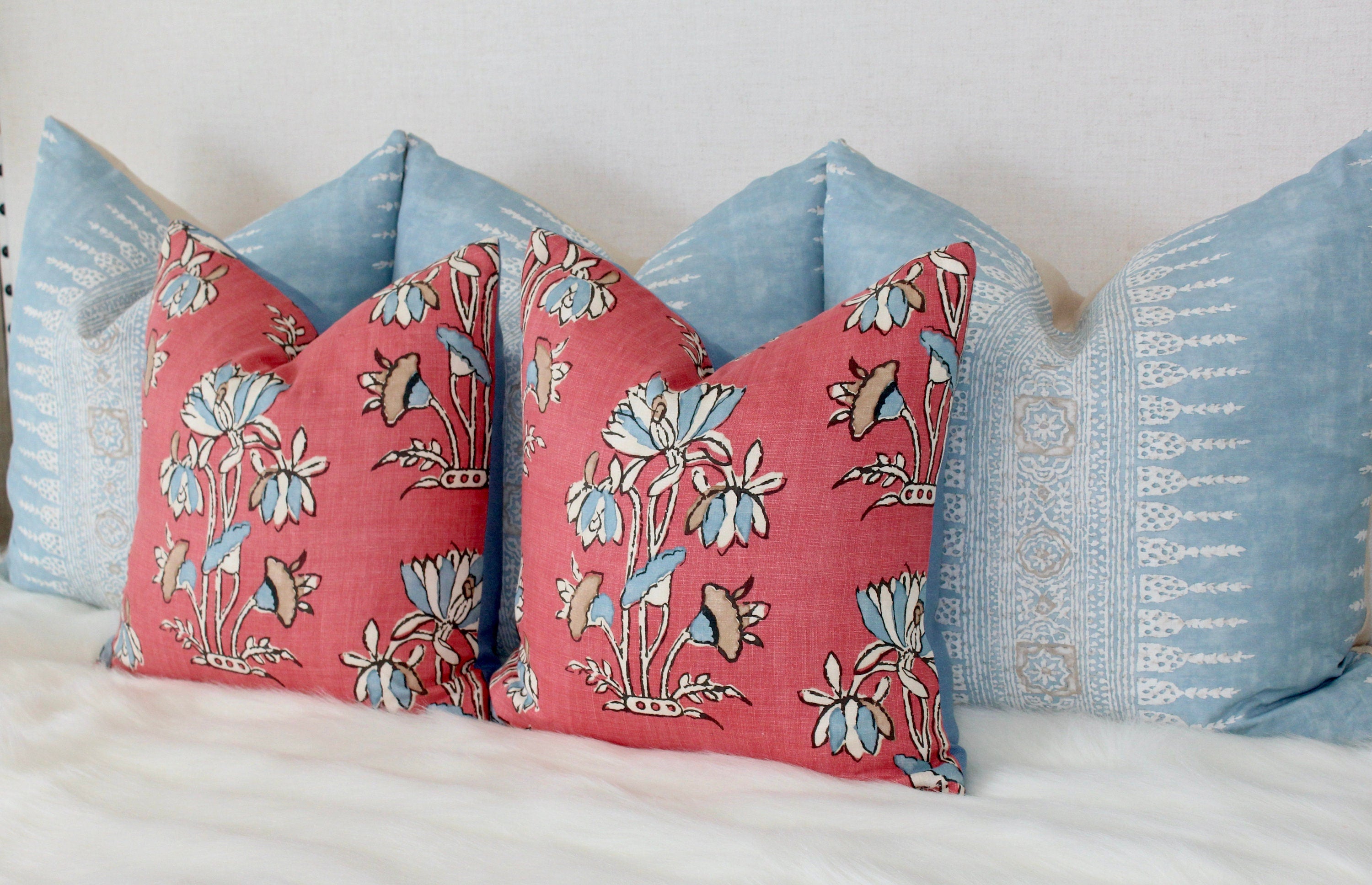 Lily Flower Pillow in Coral. Lumbar Floral Pillow Cover, Designer Coral Throw Pillow, Accent Pillow in Red Blue,  Euro Sham Cushion Cover