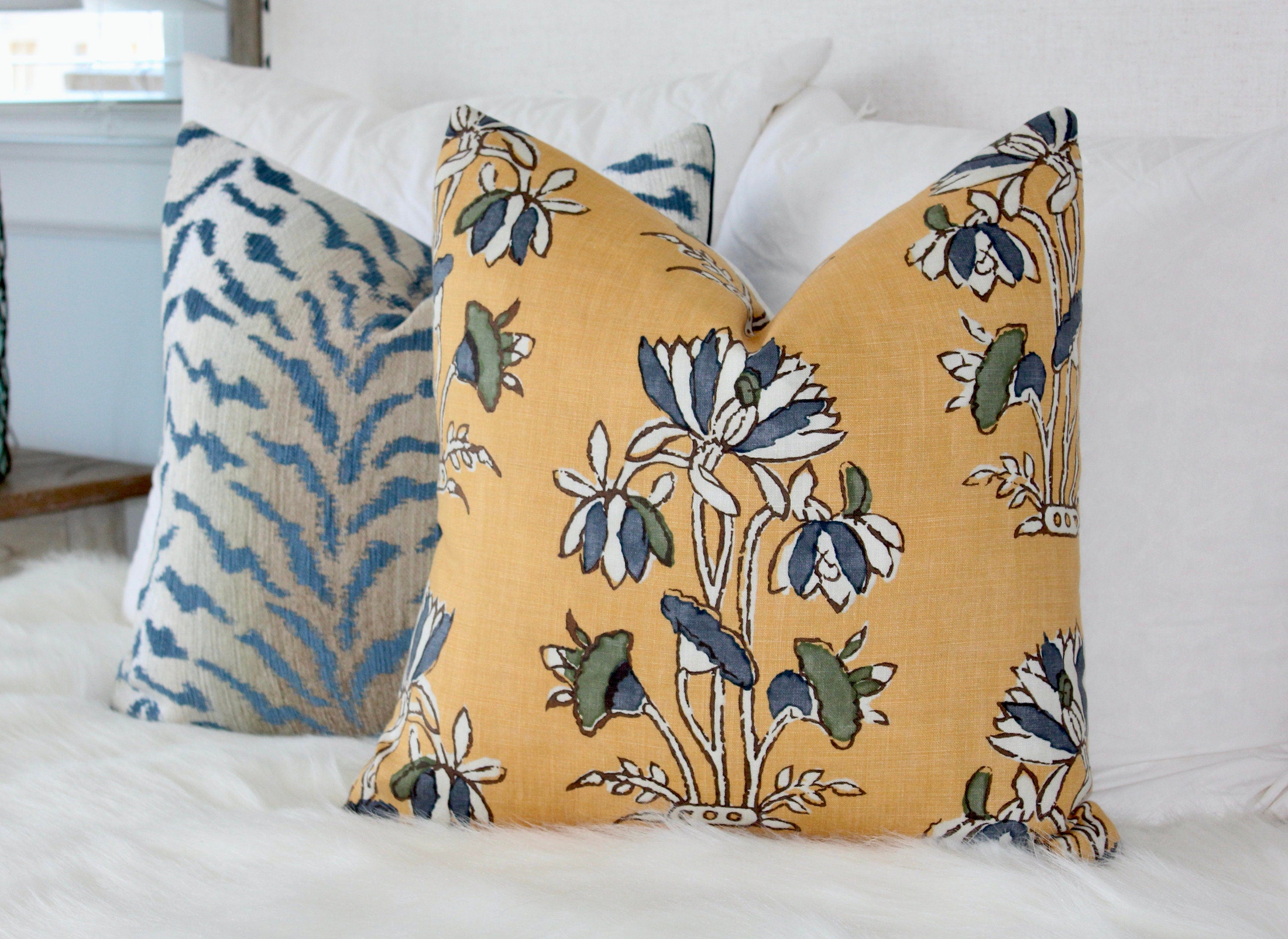 Lily Flower Pillow in Harvest Gold. Lumbar Floral Pillow Cover, Designer Saffron Pillow,  Formal Floral Pillow, Euro Sham Pillow
