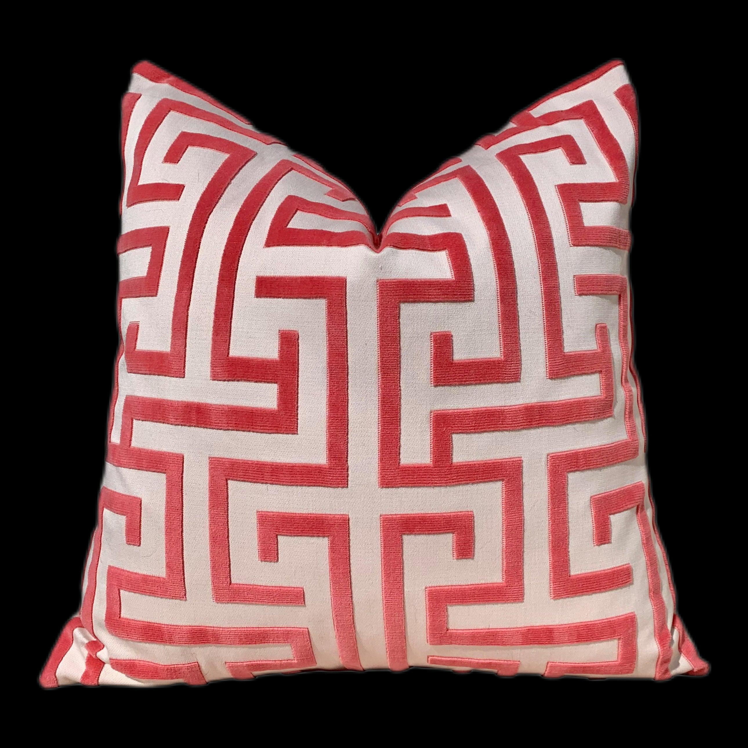 Ming Trail Pillow in Red. Accent Lumbar Pillow, Chinoiserie Pillow, Trellis Pink Cushion Cover, Euro Sham Pillow,Greek Key Maze