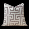 Load image into Gallery viewer, Ming Trail Pillow in Greige. Fretwork Cushion Cover in Gray, Chinoiserie Lumbar Accent Throw Pillow Designer Pillows, Accent Bedding Pillow