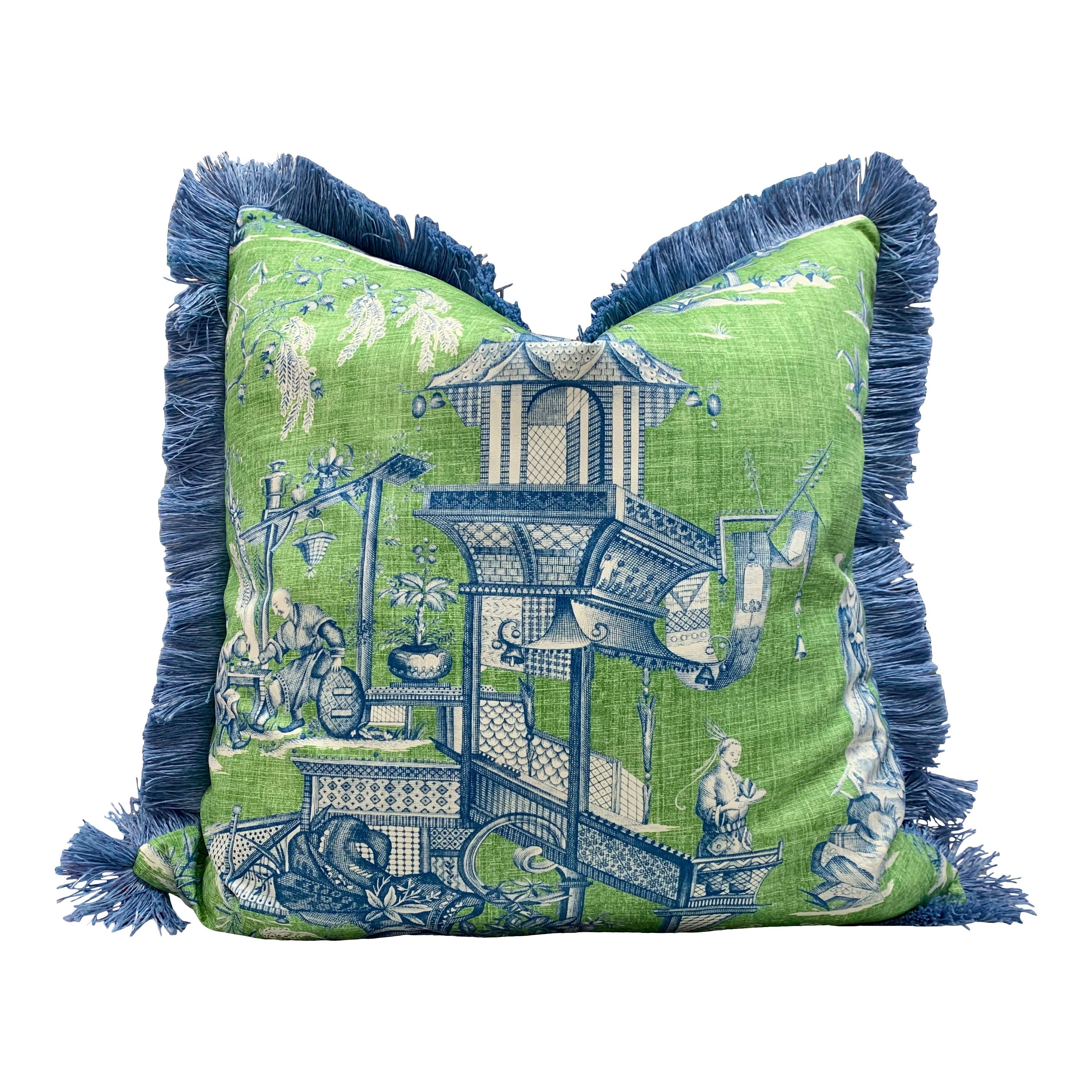 Cheng Toile Pillow in Green and Blue. Chinoiserie Pillow Cover, Designer Pillow, Decorative Pillow, Accent lumbar pillow, Pagoda Pillow