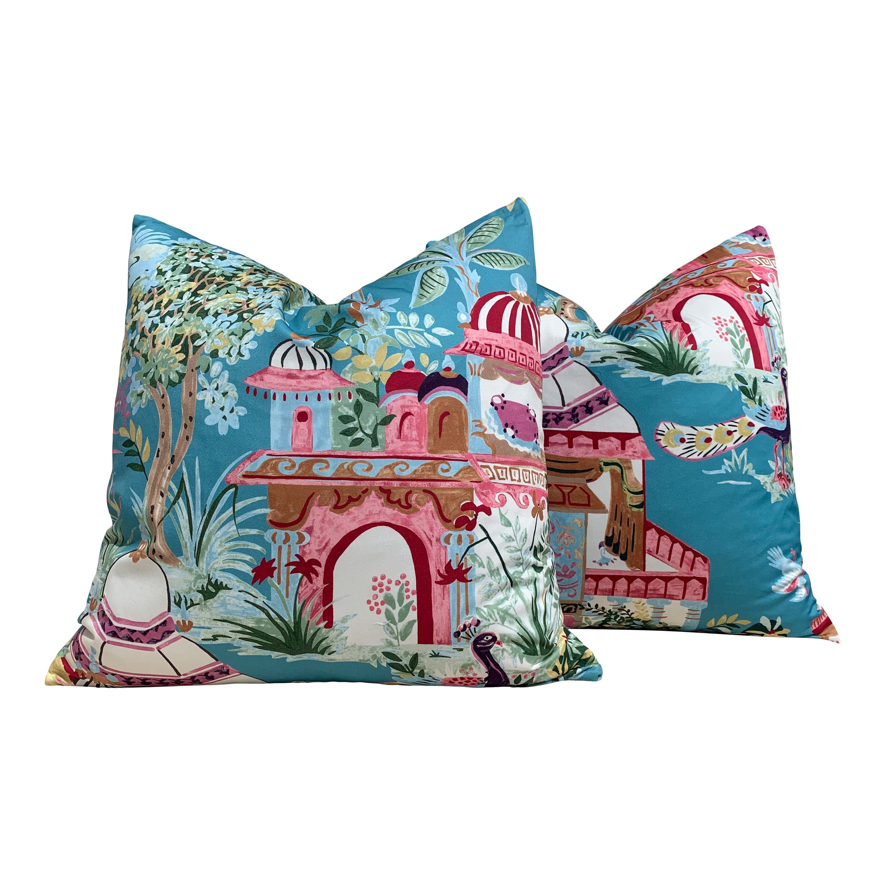 Mystic Garden Pillow Teal. Lumbar Cushion Cover, Turquoise Euro Sham, Designer Pillow in Pink and Teal, Accent Cushion, Eclectic Toss Pillow