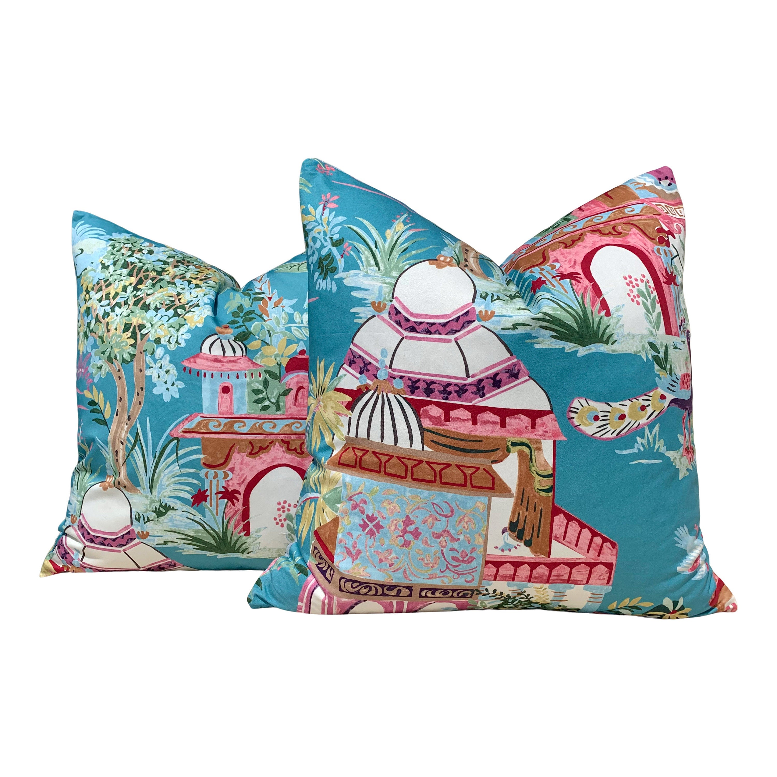 Mystic Garden Pillow Teal. Lumbar Cushion Cover, Turquoise Euro Sham, Designer Pillow in Pink and Teal, Accent Cushion, Eclectic Toss Pillow
