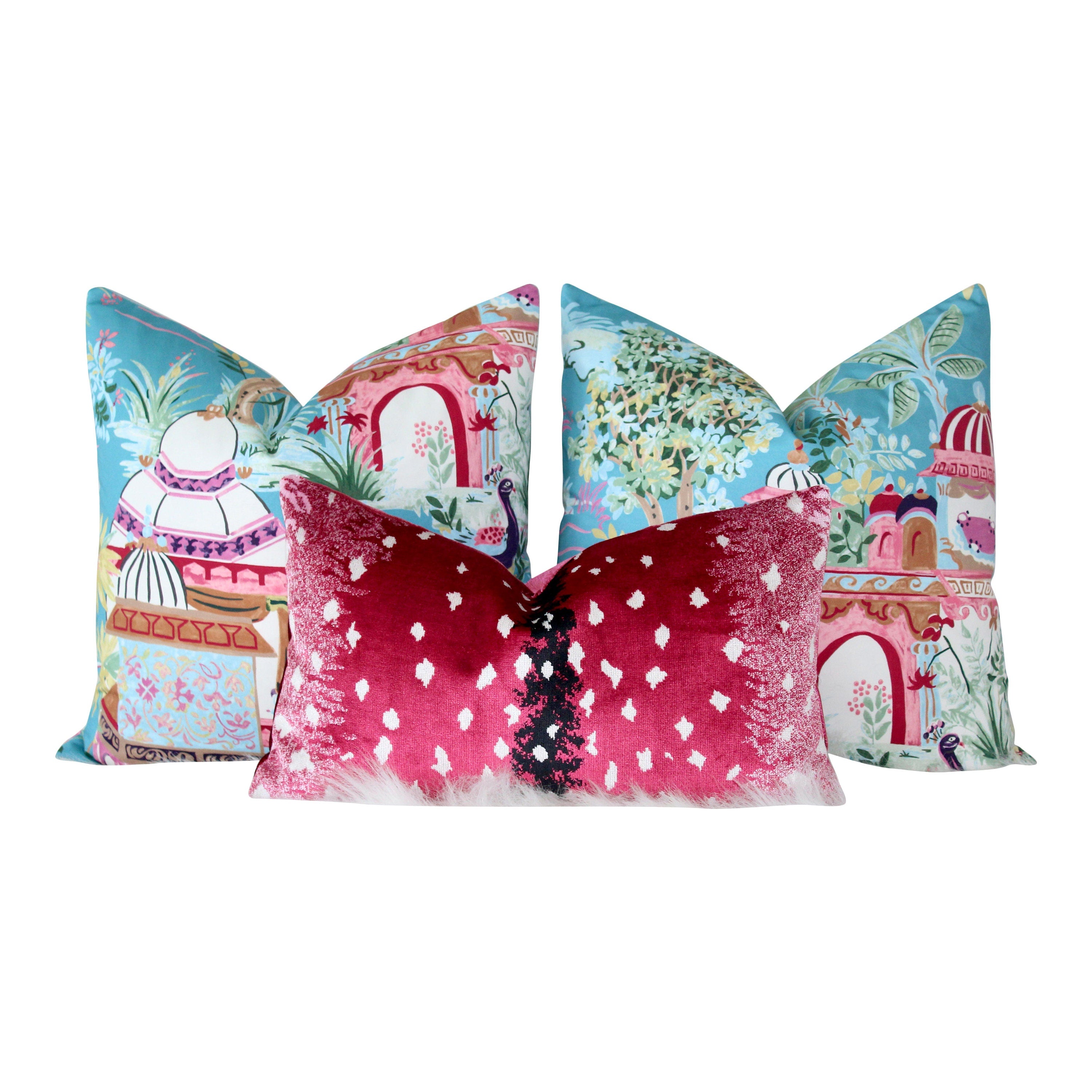Mystic Garden Pillow Teal. Lumbar Cushion Cover, Turquoise Euro Sham, Designer Pillow in Pink and Teal, Accent Cushion, Eclectic Toss Pillow
