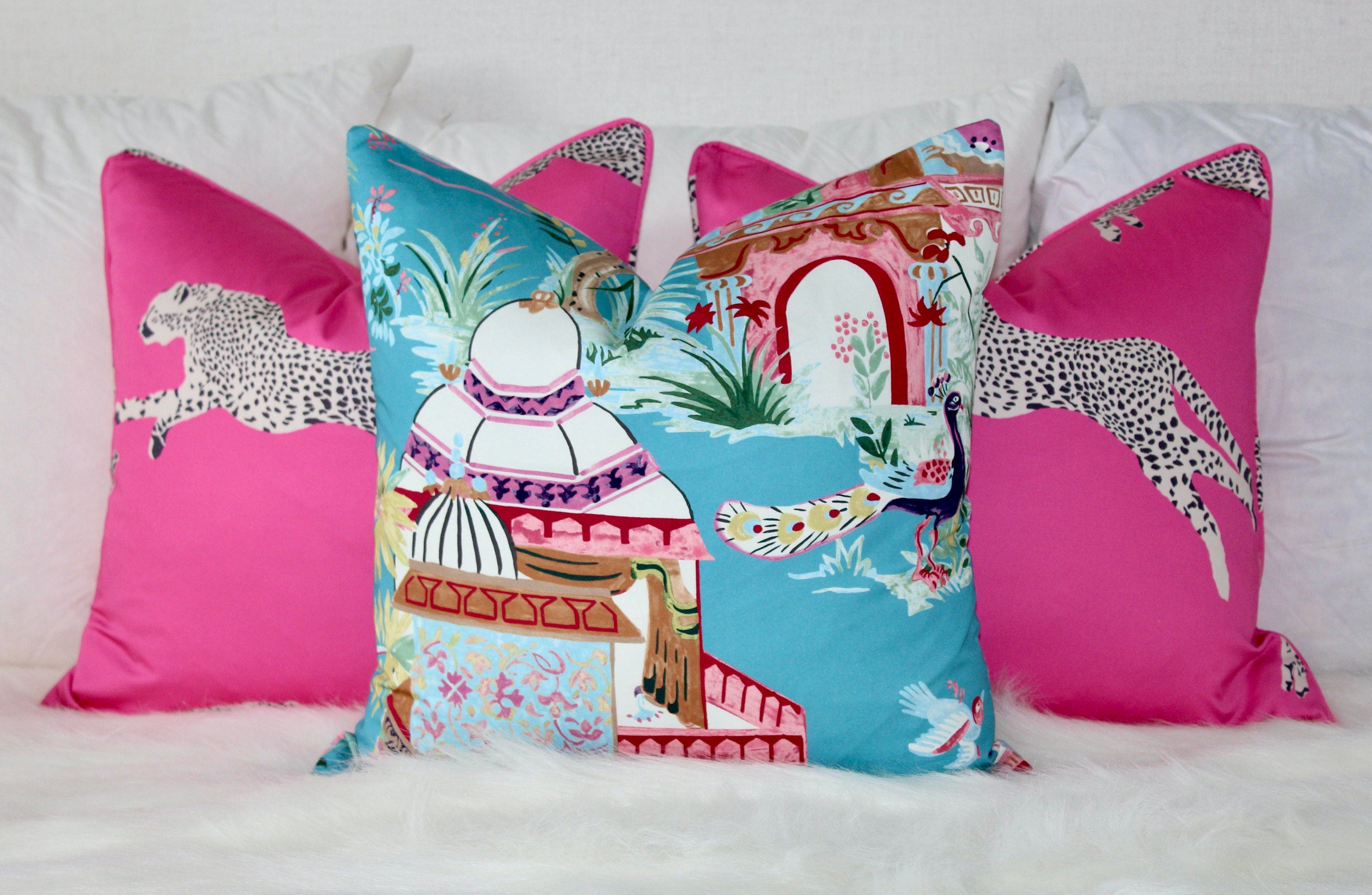 Mystic Garden Pillow Teal. Lumbar Cushion Cover, Turquoise Euro Sham, Designer Pillow in Pink and Teal, Accent Cushion, Eclectic Toss Pillow