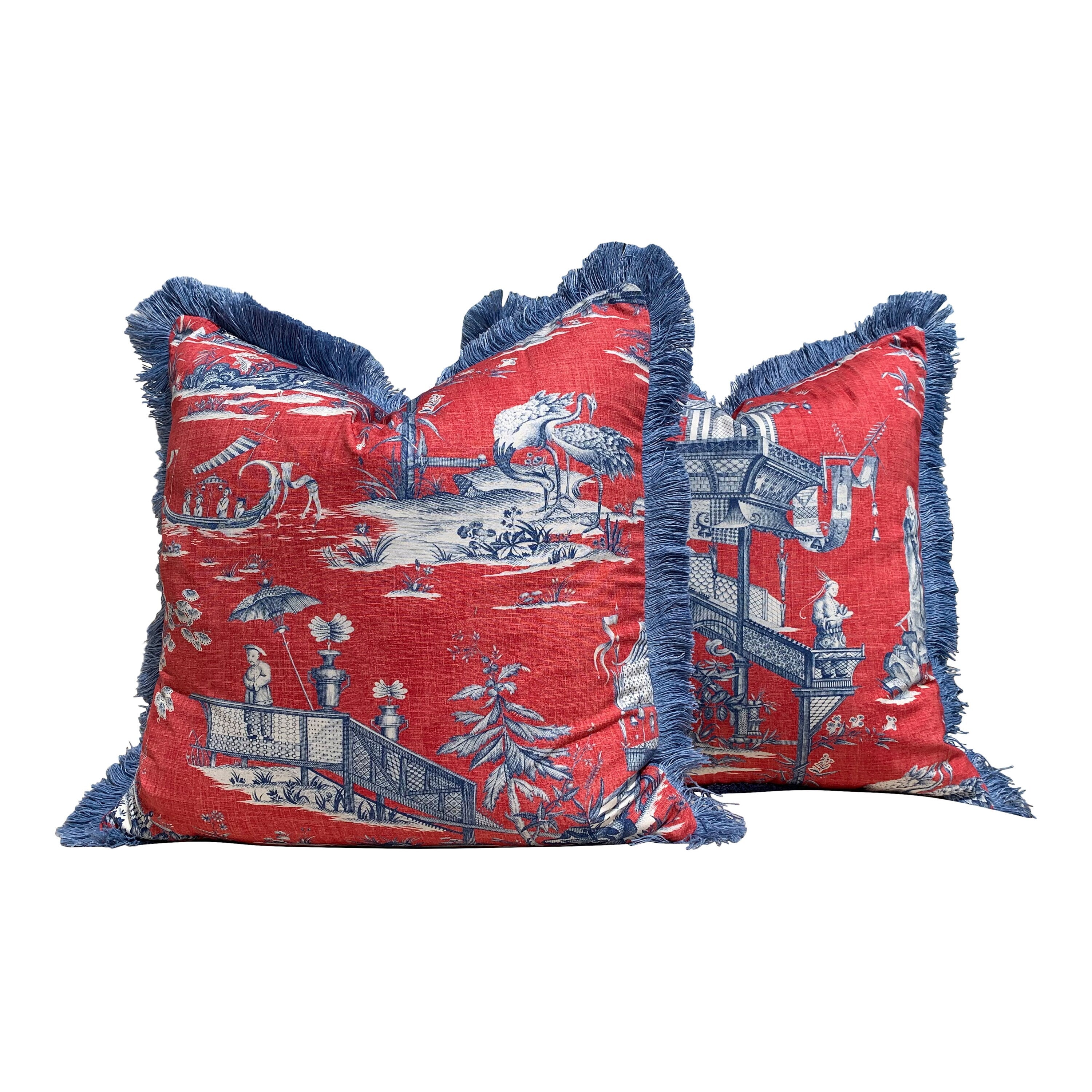 Cheng Toile Pillow Red Blue. Chinoiserie Decorative  Pillow Cover, Accent lumbar pillow, Pagoda Pillow, Tea House Throw Pillow Brush Trim