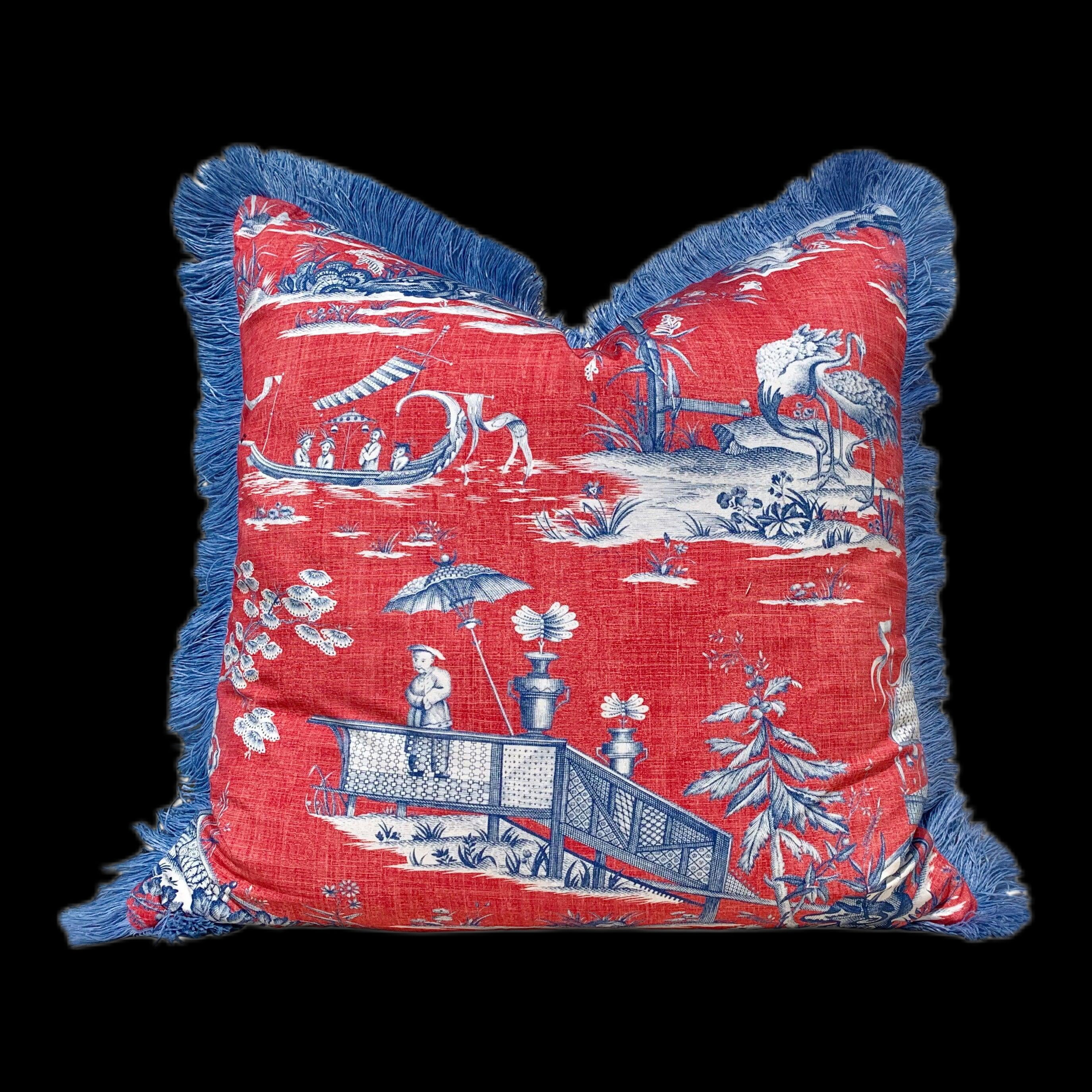 Cheng Toile Pillow Red Blue. Chinoiserie Decorative  Pillow Cover, Accent lumbar pillow, Pagoda Pillow, Tea House Throw Pillow Brush Trim