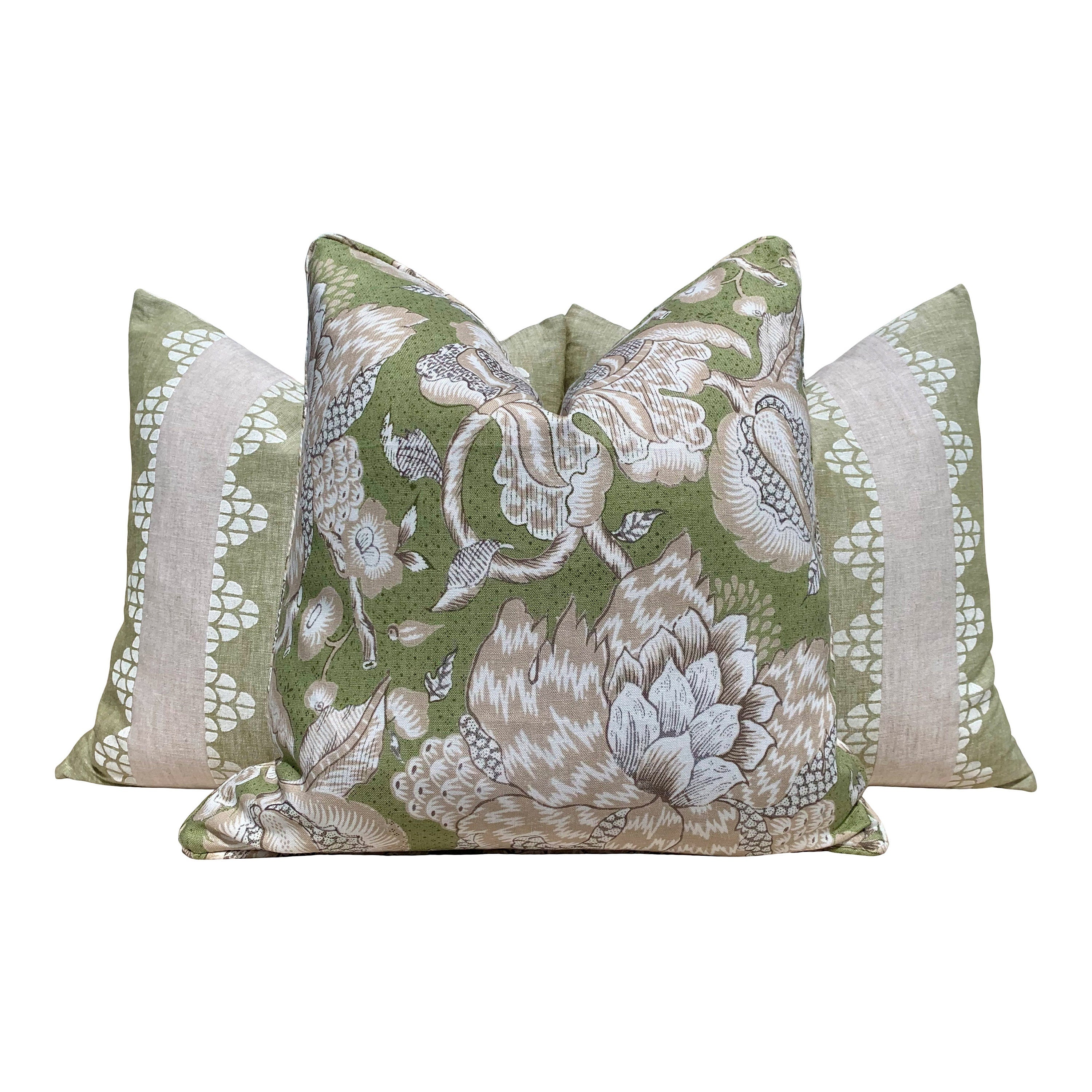 Thiabut Westmont Pillow Green. Lumbar Green Pillow, Euro Sham Pillow, Floral Accent Pillow, Green Tan Designer Cushion Cover, Bedding Pillow