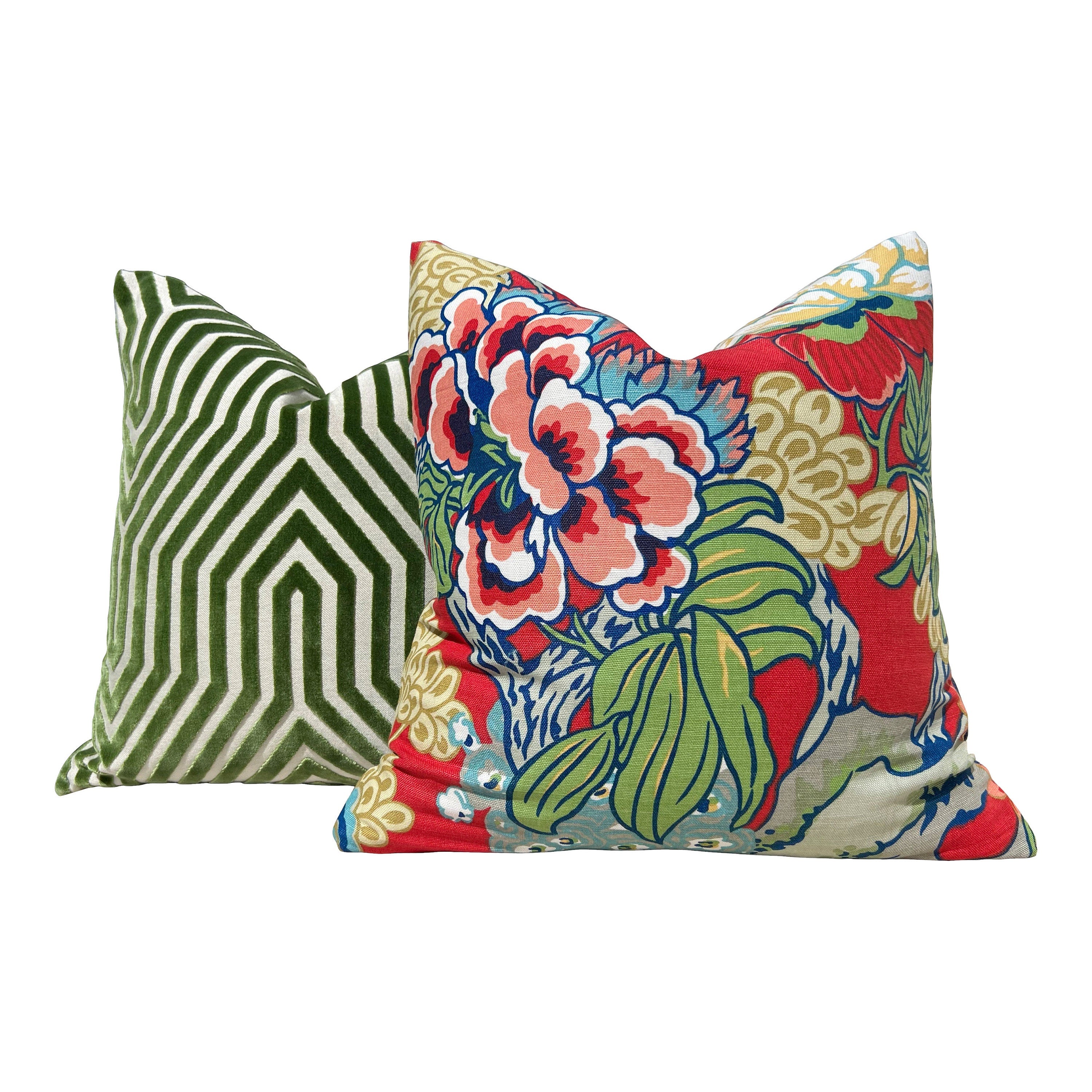 Thibaut Honshu Pillow in Coral. Chinoiserie PillowCover, Lumbar Red Green Pillow, Euro Sham Pillow, Floral Bedding Pillow Decor
