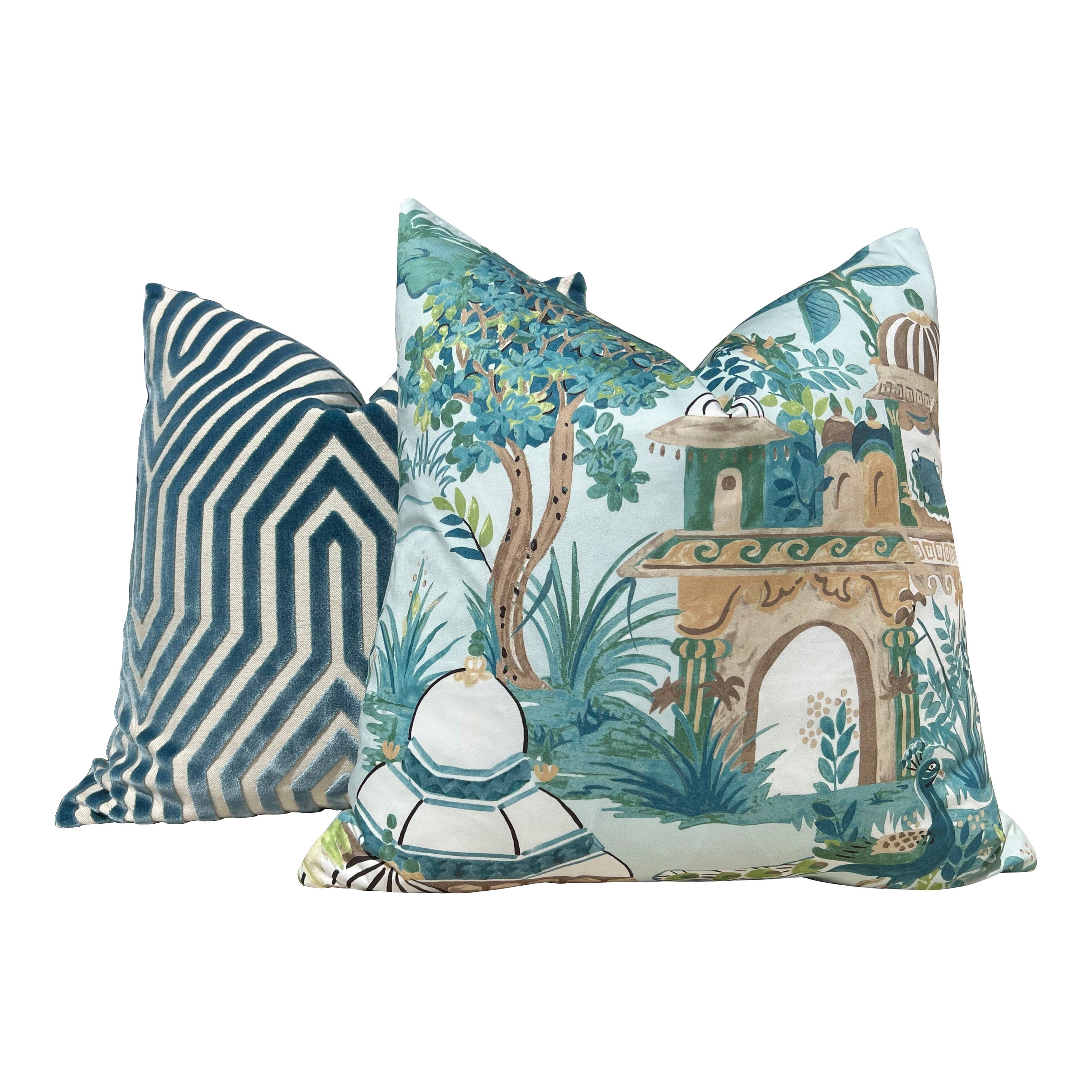 Schumacher Vanderbilt Velvet Pillow in Marine. Blue Velvet Lumbar Pillow, Long Lumbar Velvet Cushion, Chevron Plush Velvet Pillow