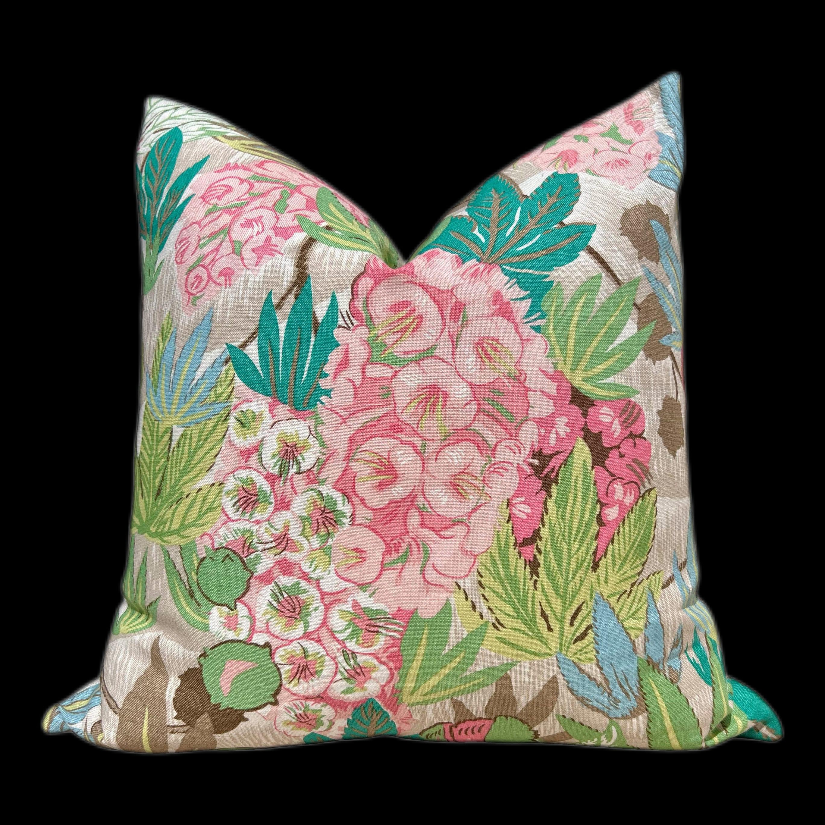 Del Lungo Exotic Floral Pillow Pink Teal Green. Tropical Blush Pillow Case, Designer Cushion Cover, Euro Sham Slipcover, Lumbar Pillow