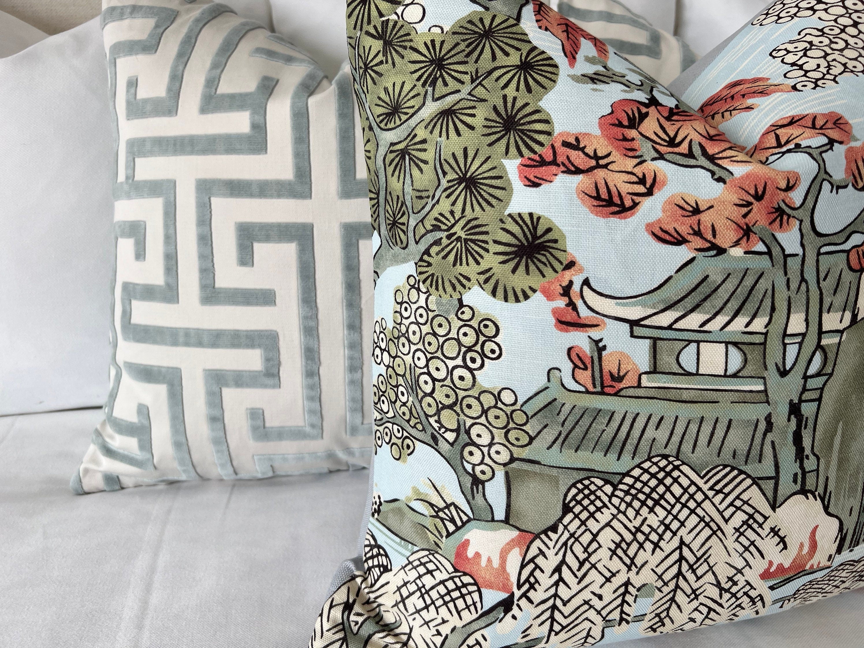 Asian Scenic Pillow In Robin Egg. Chinoiserie  Lumbar Pillow, Chinoiserie Pagoda Euro Sham Cushion Case in Burnt Orange Green Blue
