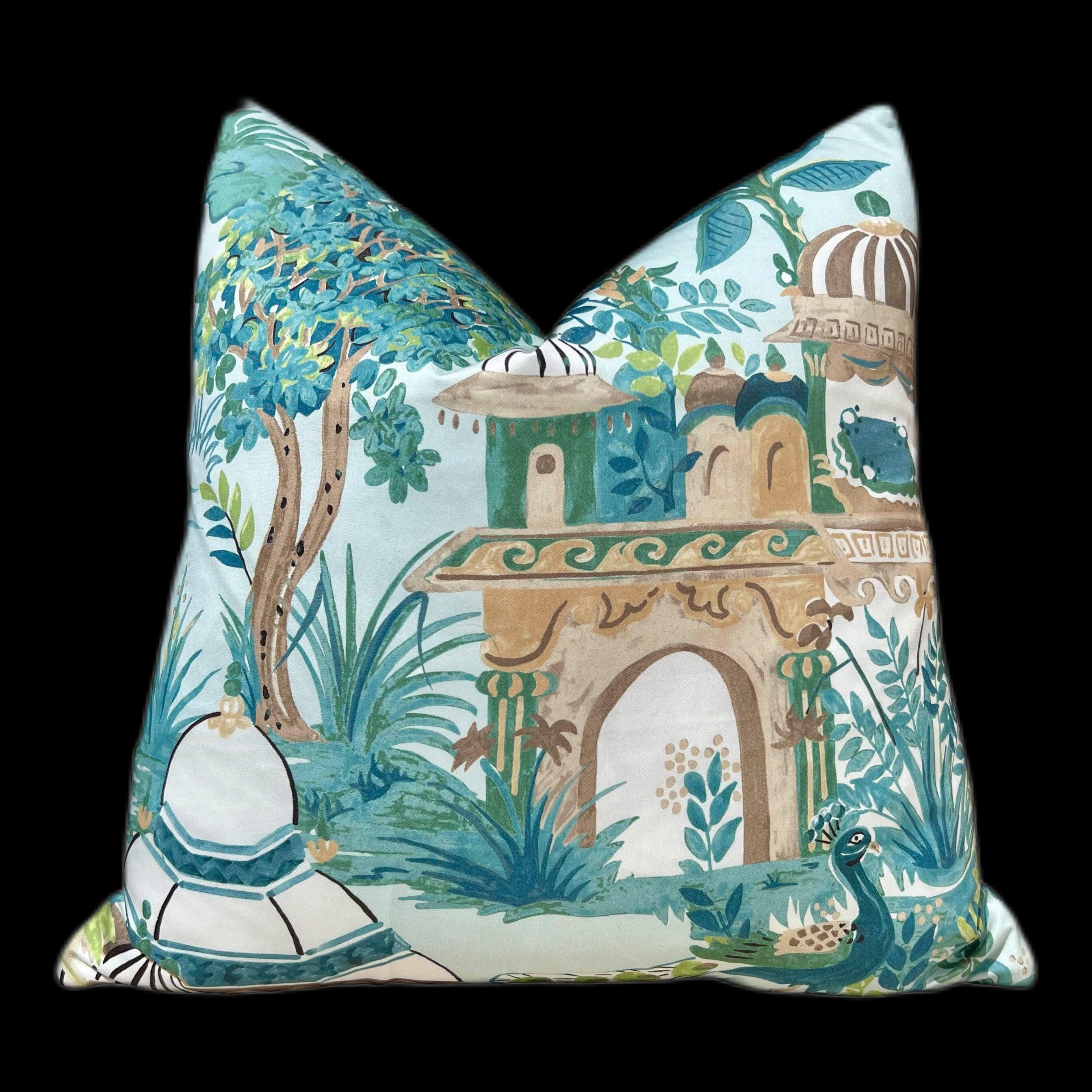 Mystic Garden Decorative Pillow Teal, Aqua, Tan. Aqua Green Accent  Lumbar Pillow Case, Euro Sham Designer Pillow Case Cushion Slipcover