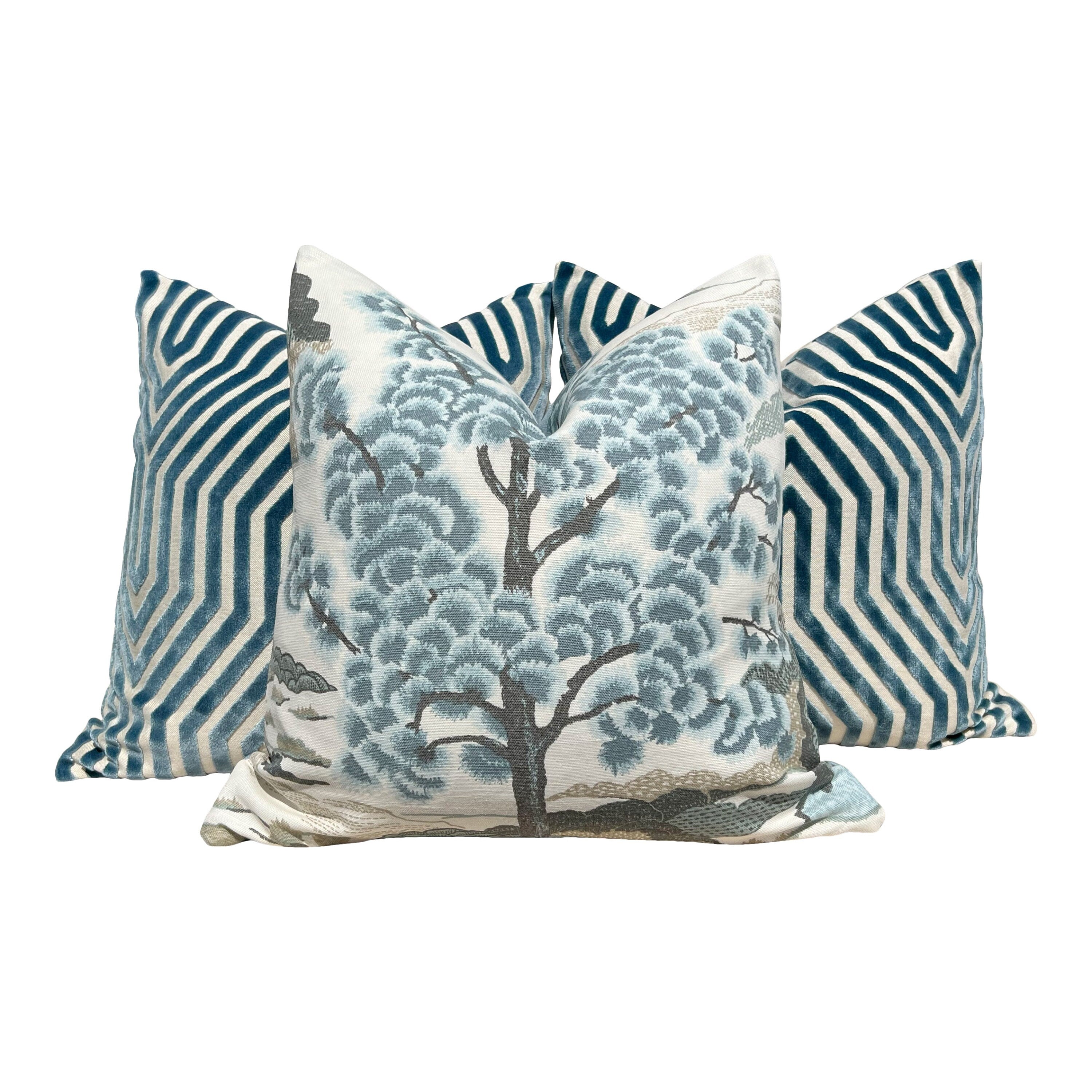 Designer Daintree Decorative Pillow in Aqua. Accent Botanical Pillow cover in Aqua Blue, Euro Sham Cotton Linen Cushion Case with Zipper