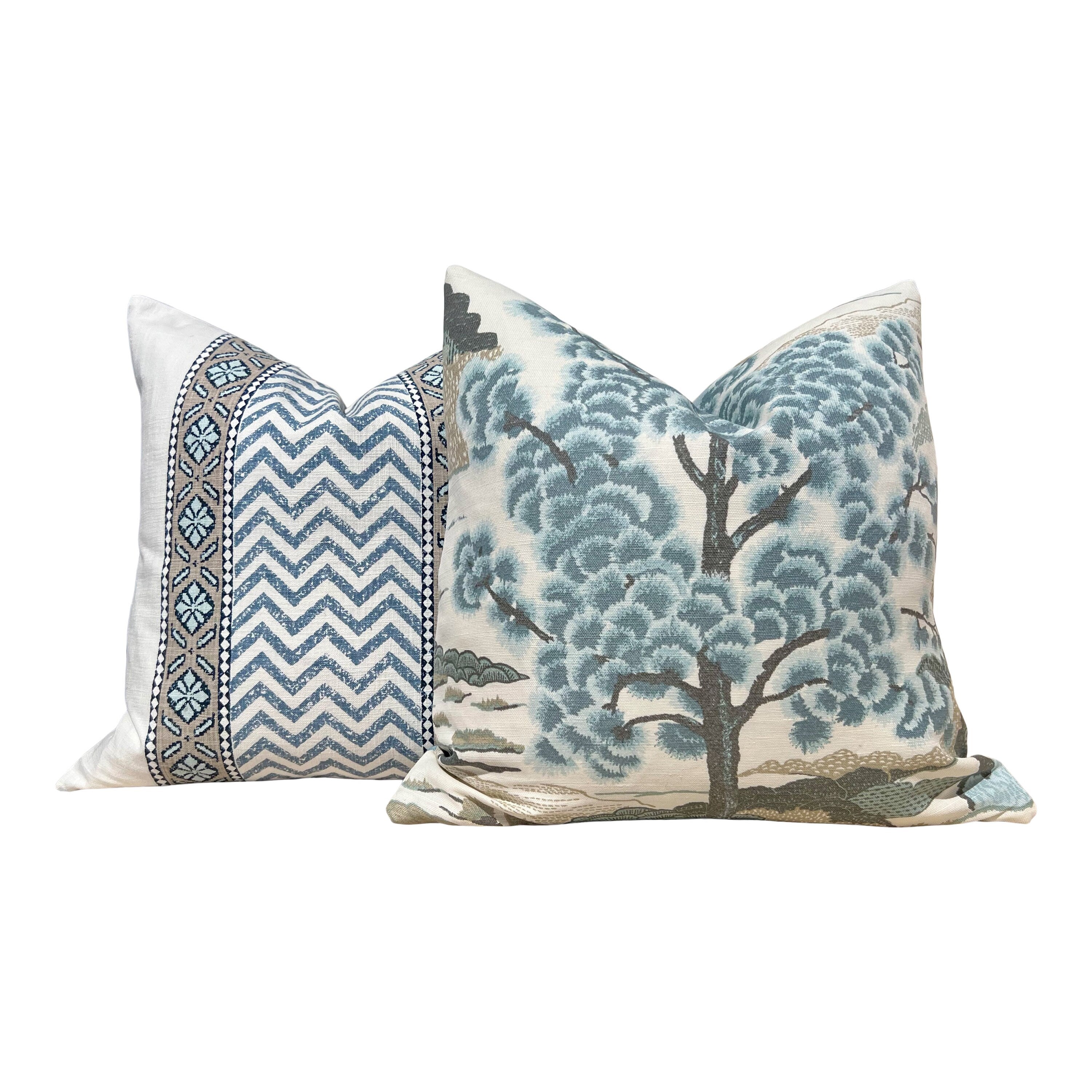 Designer Daintree Decorative Pillow in Aqua. Accent Botanical Pillow cover in Aqua Blue, Euro Sham Cotton Linen Cushion Case with Zipper