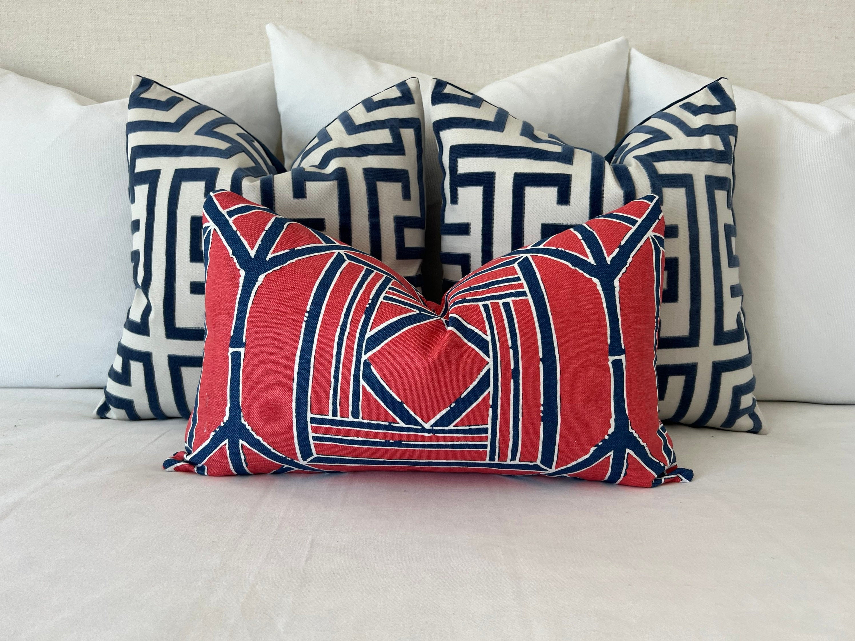 Shoji Panel Pillow in Raspberry and Blue. Geometric Accent Designers Pillow Cover in Red Bamboo Chinoiserie Lumbar Cushion Euro Sham