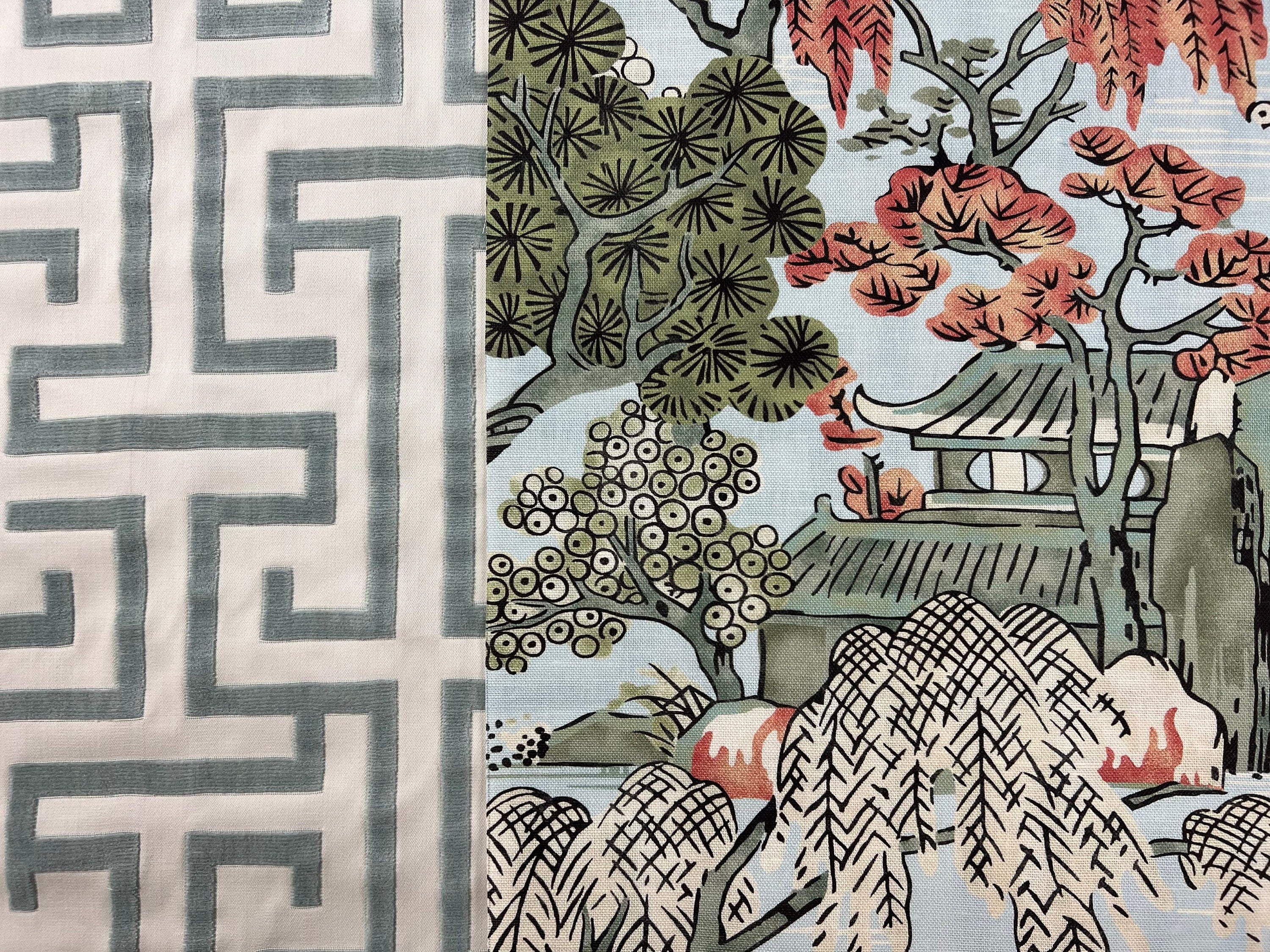Asian Scenic Pillow In Robin Egg. Chinoiserie  Lumbar Pillow, Chinoiserie Pagoda Euro Sham Cushion Case in Burnt Orange Green Blue
