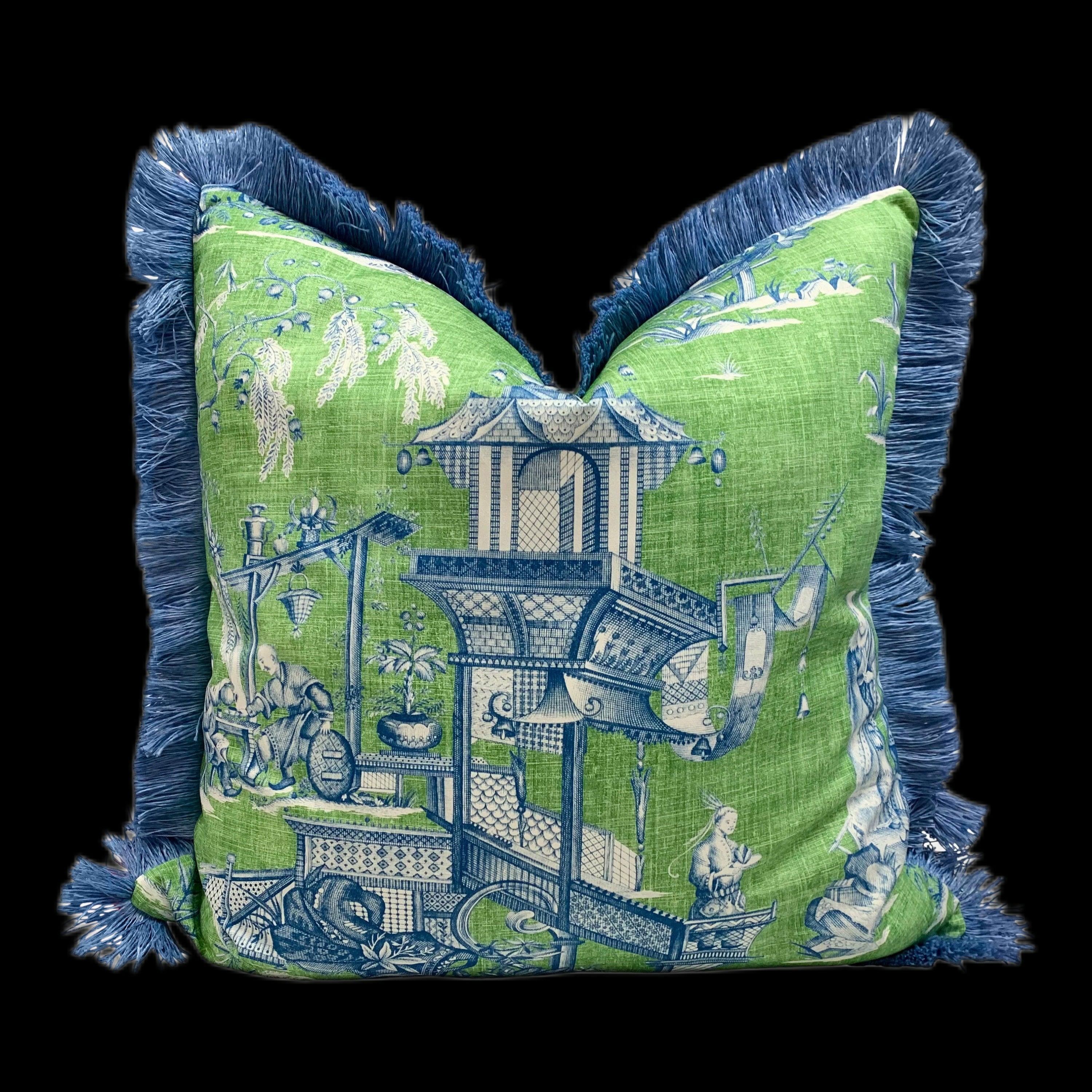 Cheng Toile Pillow in Green and Blue. Chinoiserie Pillow Cover, Designer Pillow, Decorative Pillow, Accent lumbar pillow, Pagoda Pillow