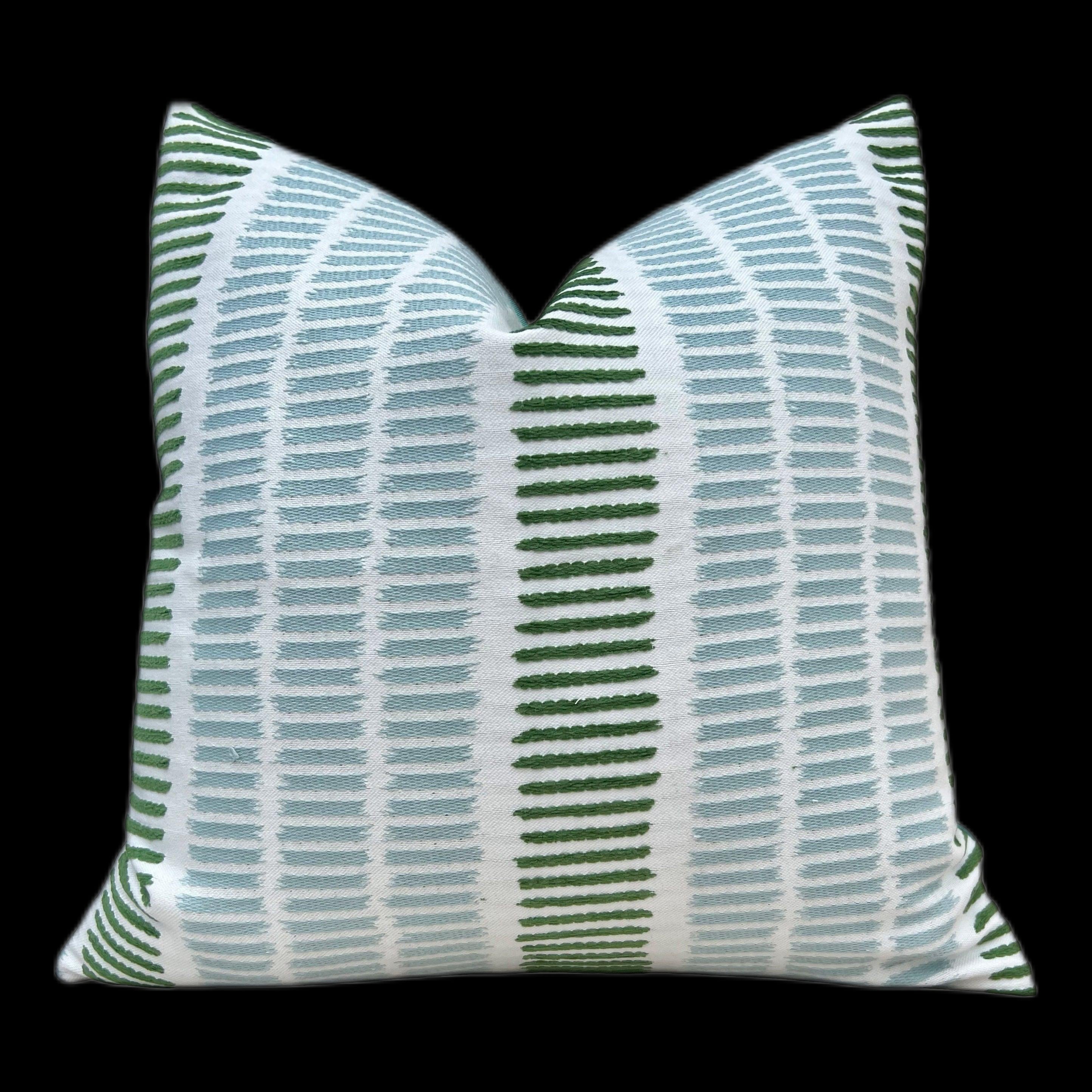 Outdoor Top Sail Striped Pillow in Aqua and Green. Designer Woven Decorative Sunbrella Outdoor Pillow Cover in Aqua and Green Stripes