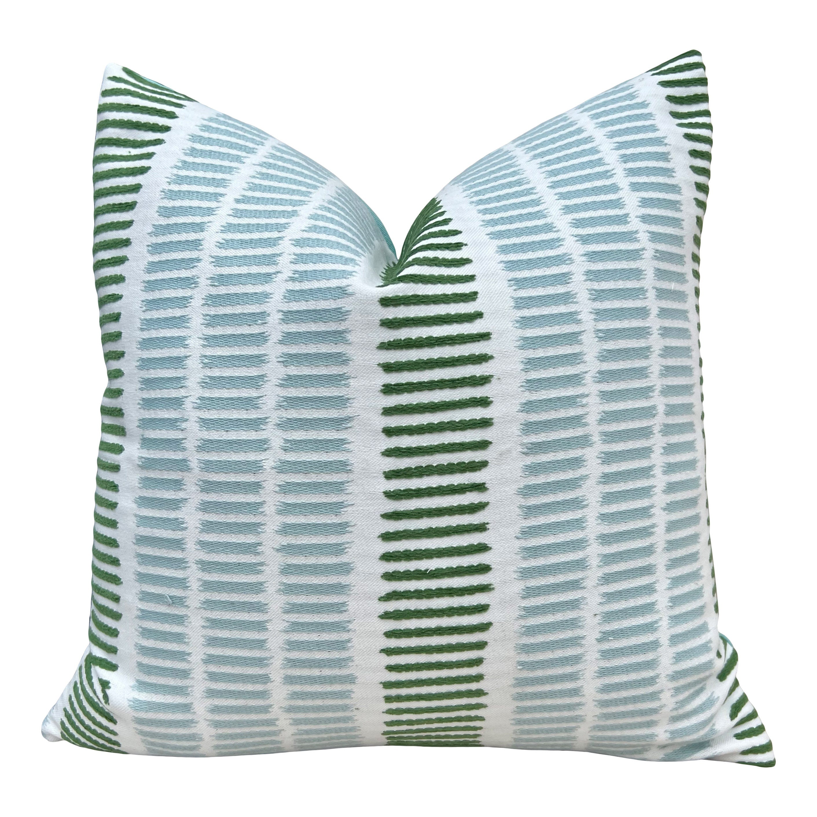 Outdoor Top Sail Striped Pillow in Aqua and Green. Designer Woven Decorative Sunbrella Outdoor Pillow Cover in Aqua and Green Stripes