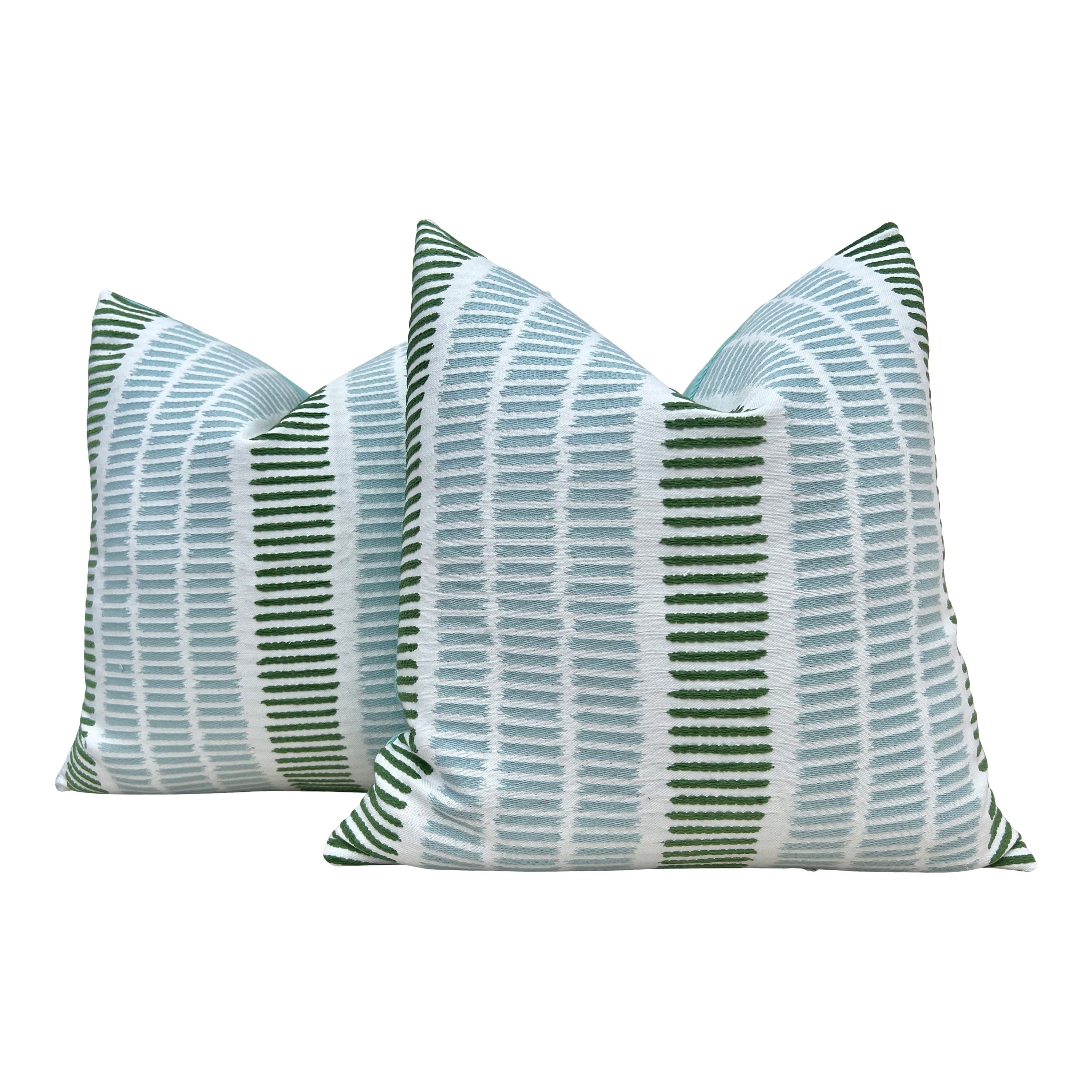 Outdoor Top Sail Striped Pillow in Aqua and Green. Designer Woven Decorative Sunbrella Outdoor Pillow Cover in Aqua and Green Stripes