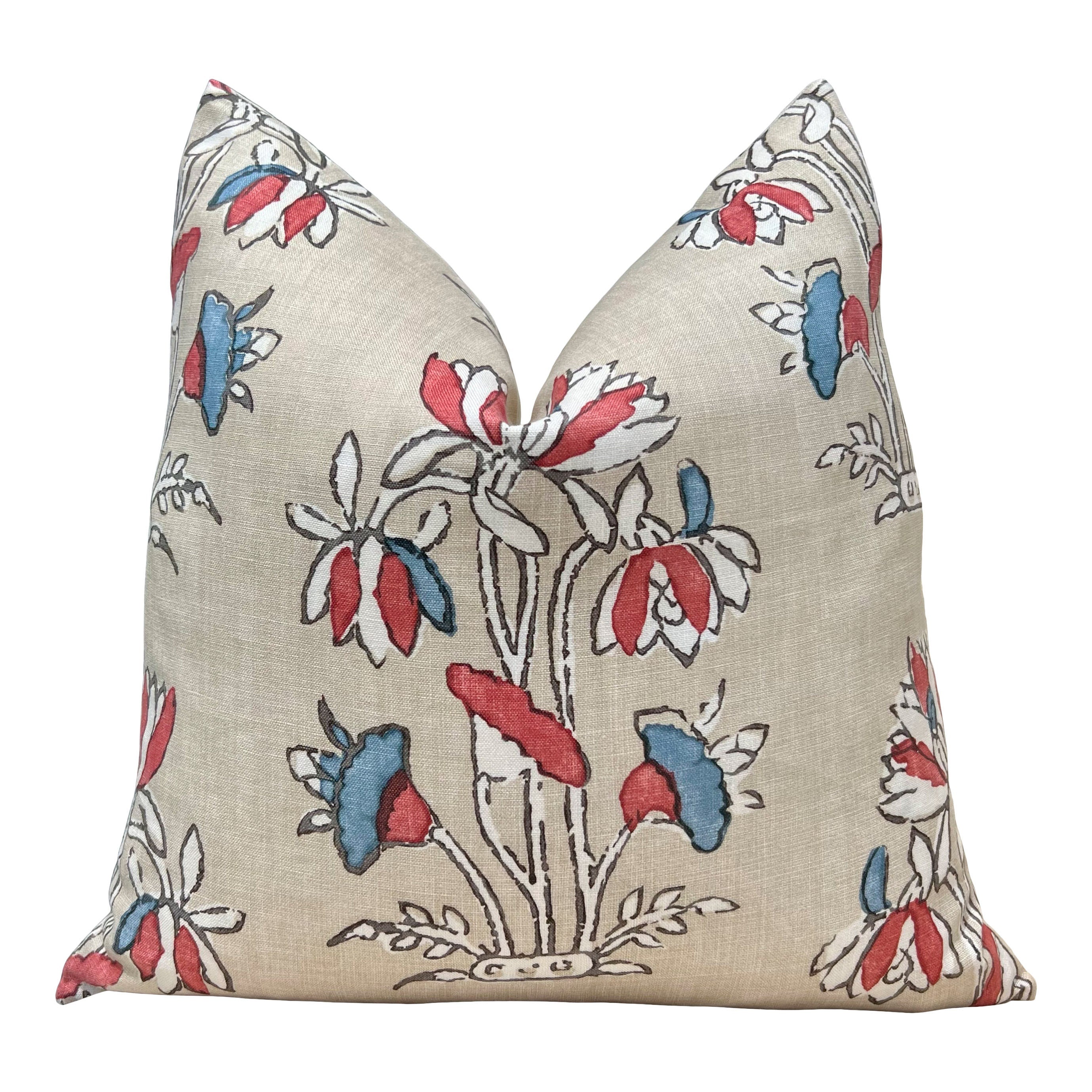 Designer Floral Pillow in Blue Red and Tan. Thibaut Classic Floral Decorative Cushion Cover in Beige, Euro Sham Pillow Case Bedroom Decor