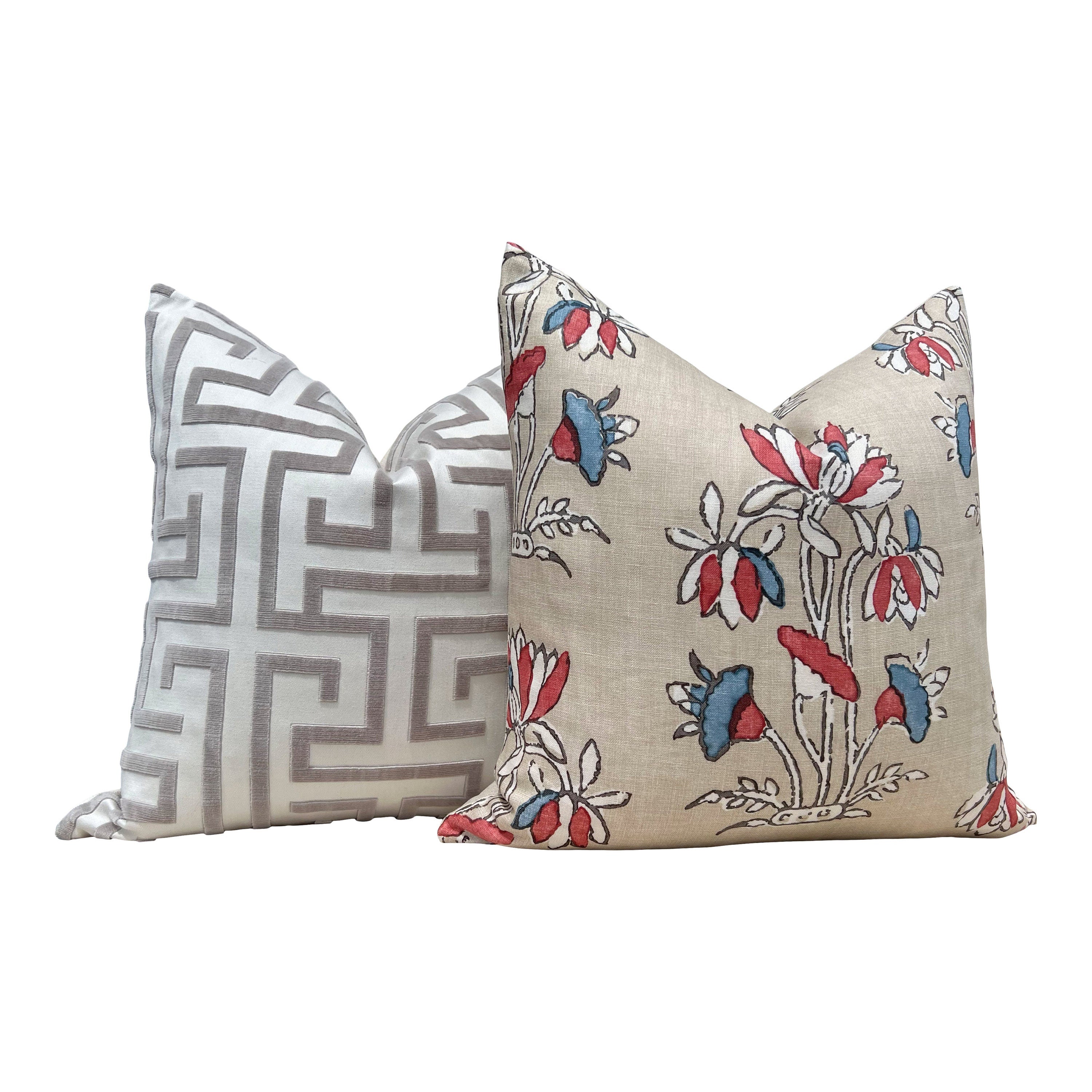Designer Floral Pillow in Blue Red and Tan. Thibaut Classic Floral Decorative Cushion Cover in Beige, Euro Sham Pillow Case Bedroom Decor