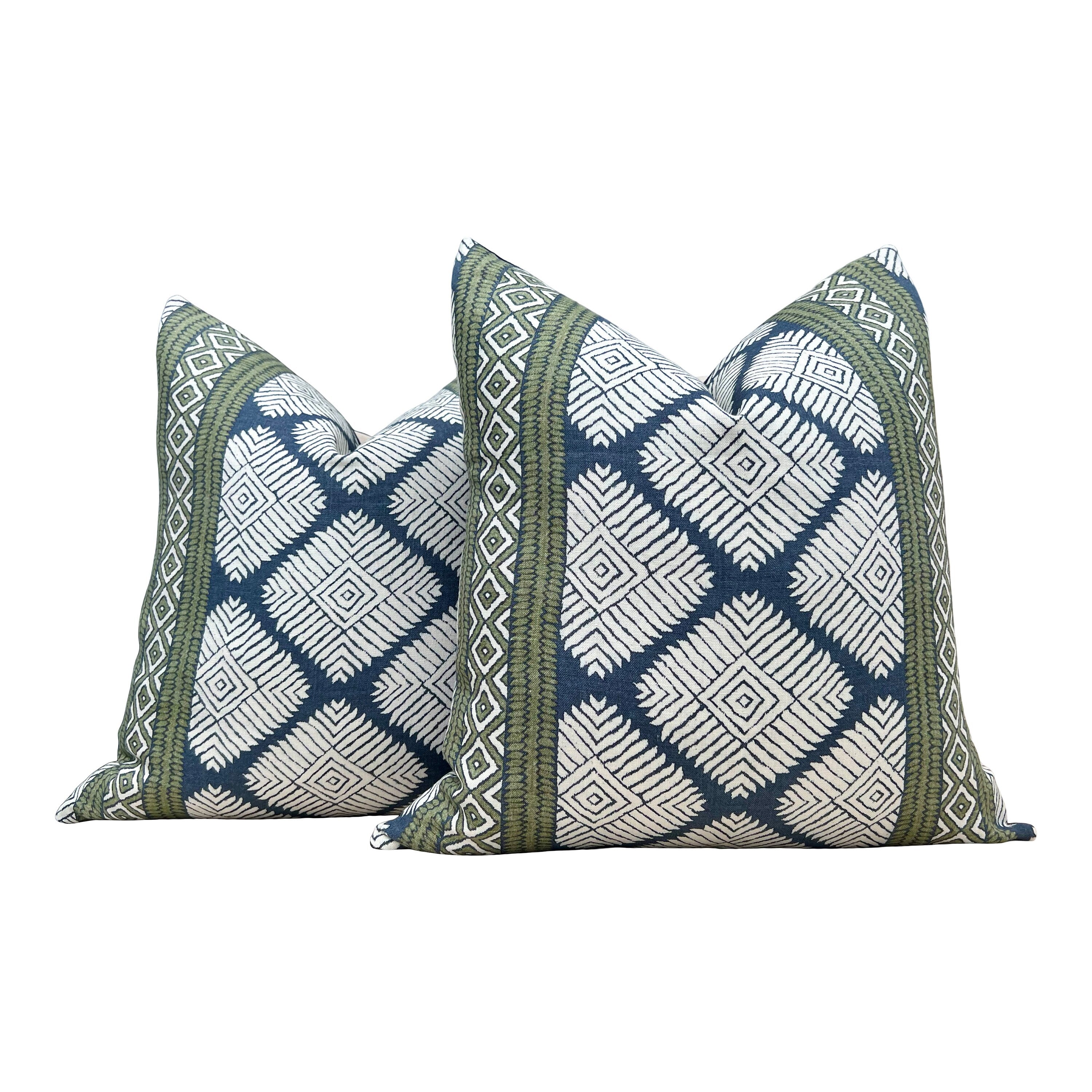 Striped Pillow in Navy Blue and Green. Designer Decorative Coastal Pillow Cover in Green and Blue, Geometric Diamond Accent Pillow Cover