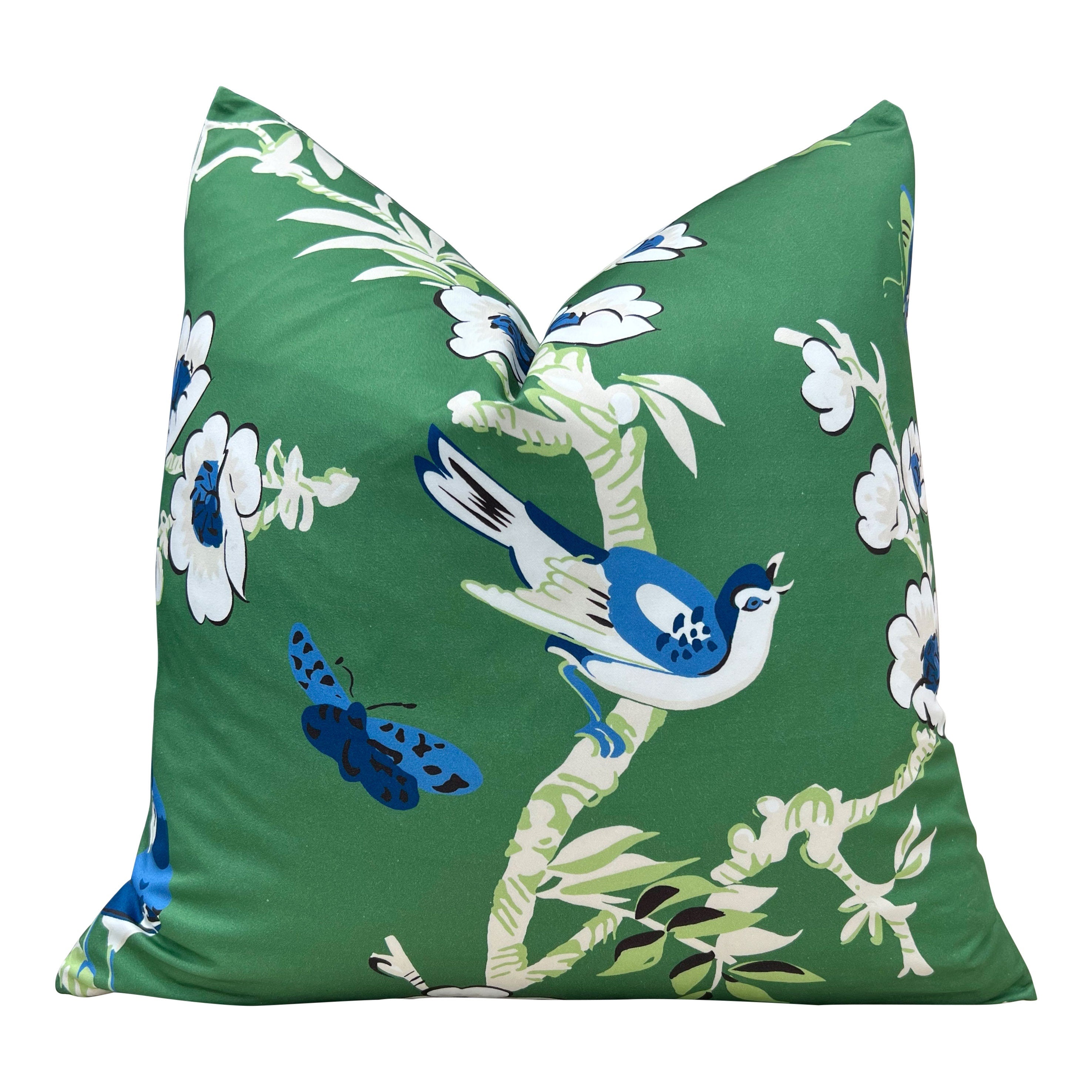 Designer Floral Decorative Pillow in Green and Blue. Thibaut Yukio High End Accent Pillow in Green, Chinoiserie Cushion Cover Euro Sham