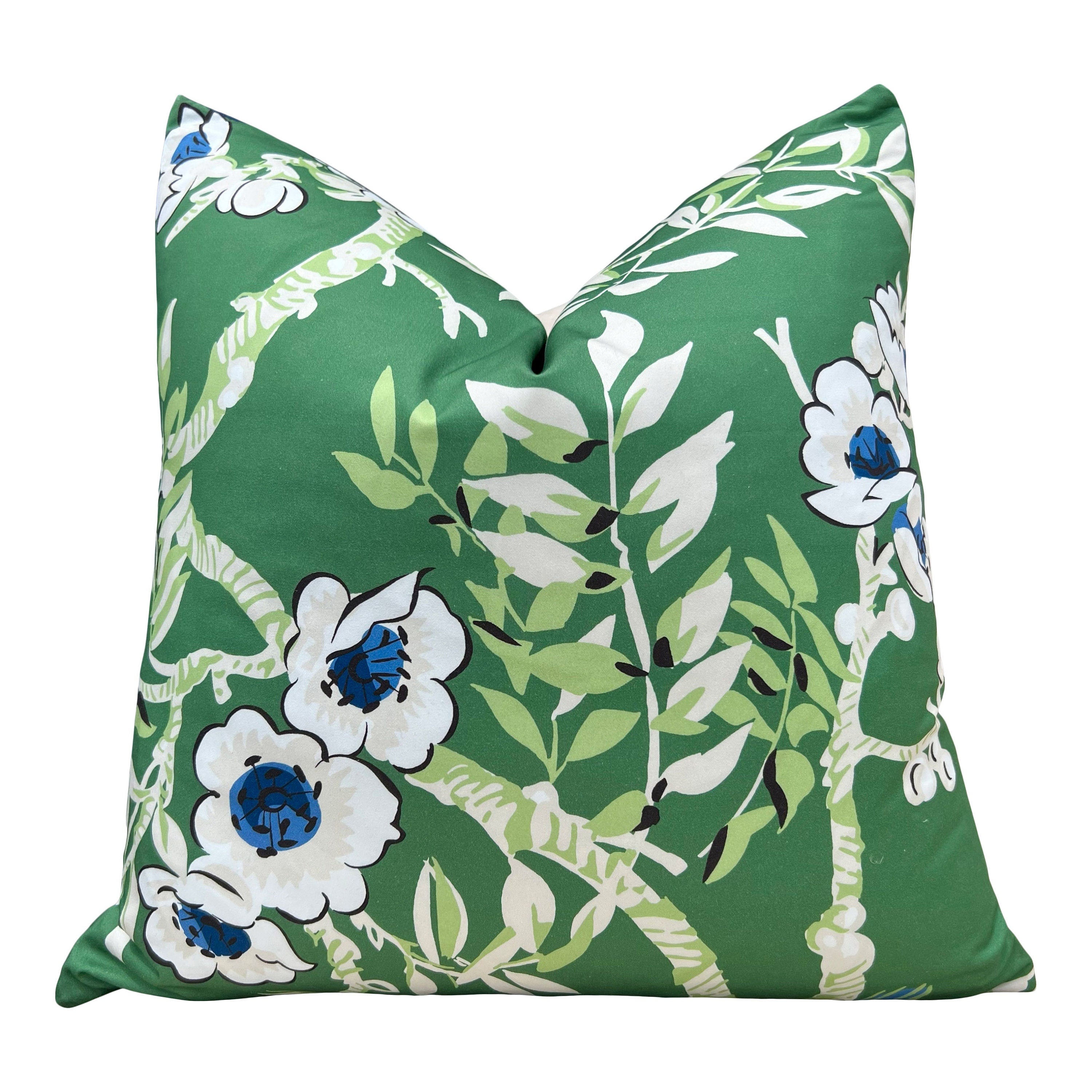 Designer Floral Decorative Pillow in Green and Blue. Thibaut Yukio High End Accent Pillow in Green, Chinoiserie Cushion Cover Euro Sham