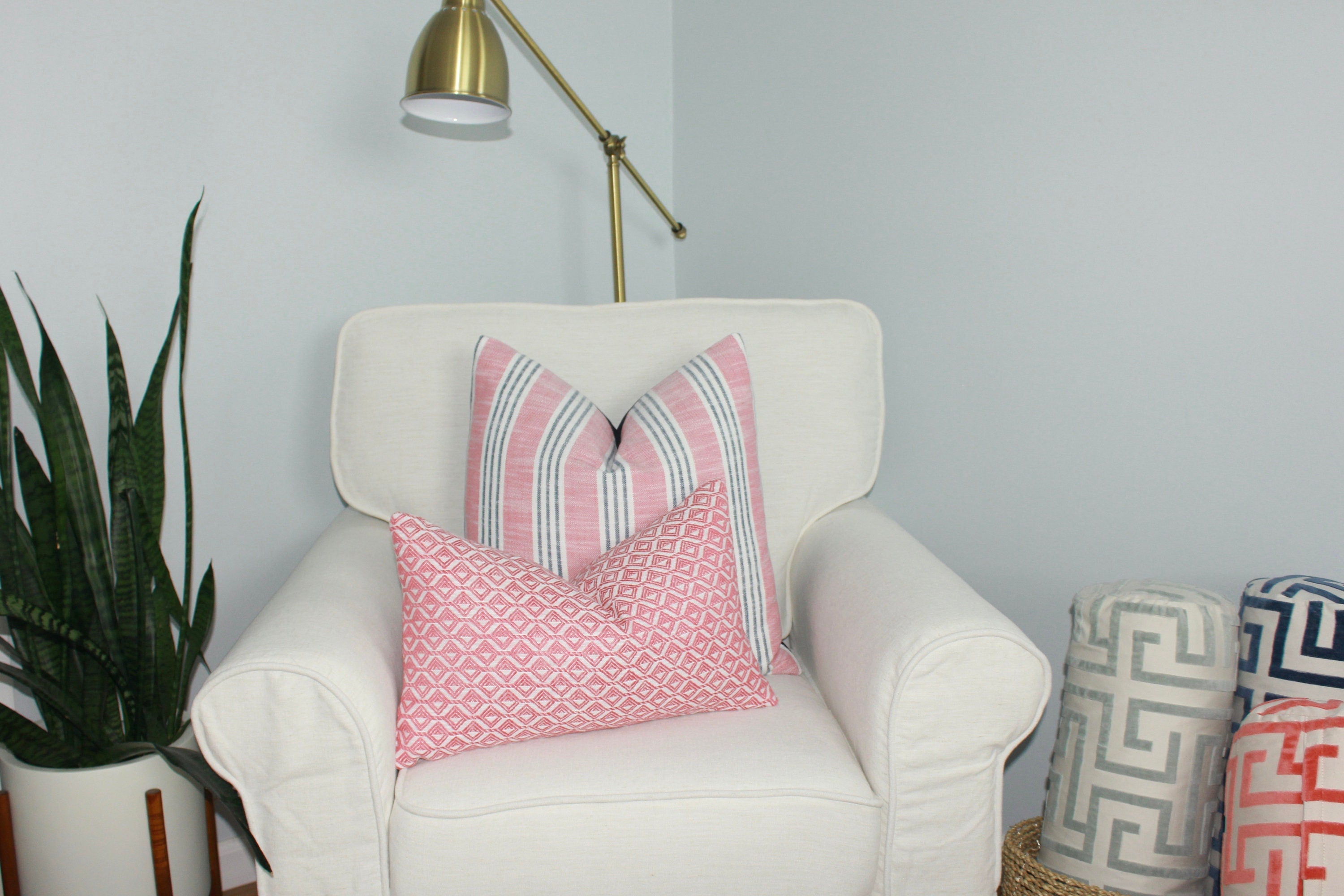 Thibaut Indoor/Outdoor Woven Southport Stripe Pillow in Peony and Navy. Outdoor Striped Pillow Cover Pink and Dark Blue Accent Lumbar